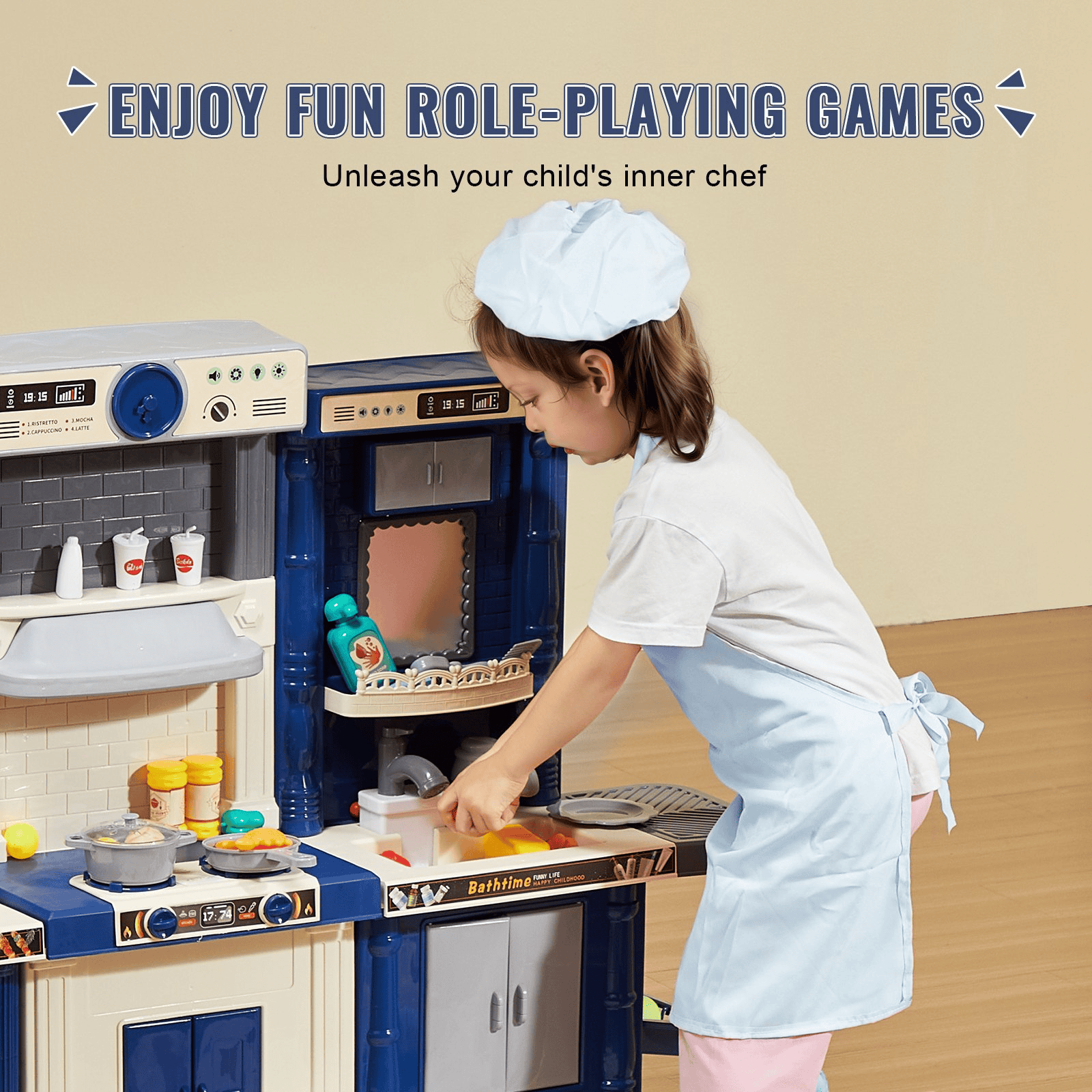 Christmas Gift! VEVOR Kitchen Playset Kids Pretend Cooking Play Toy 74 Piece Accessories Blue - The Little Big Store