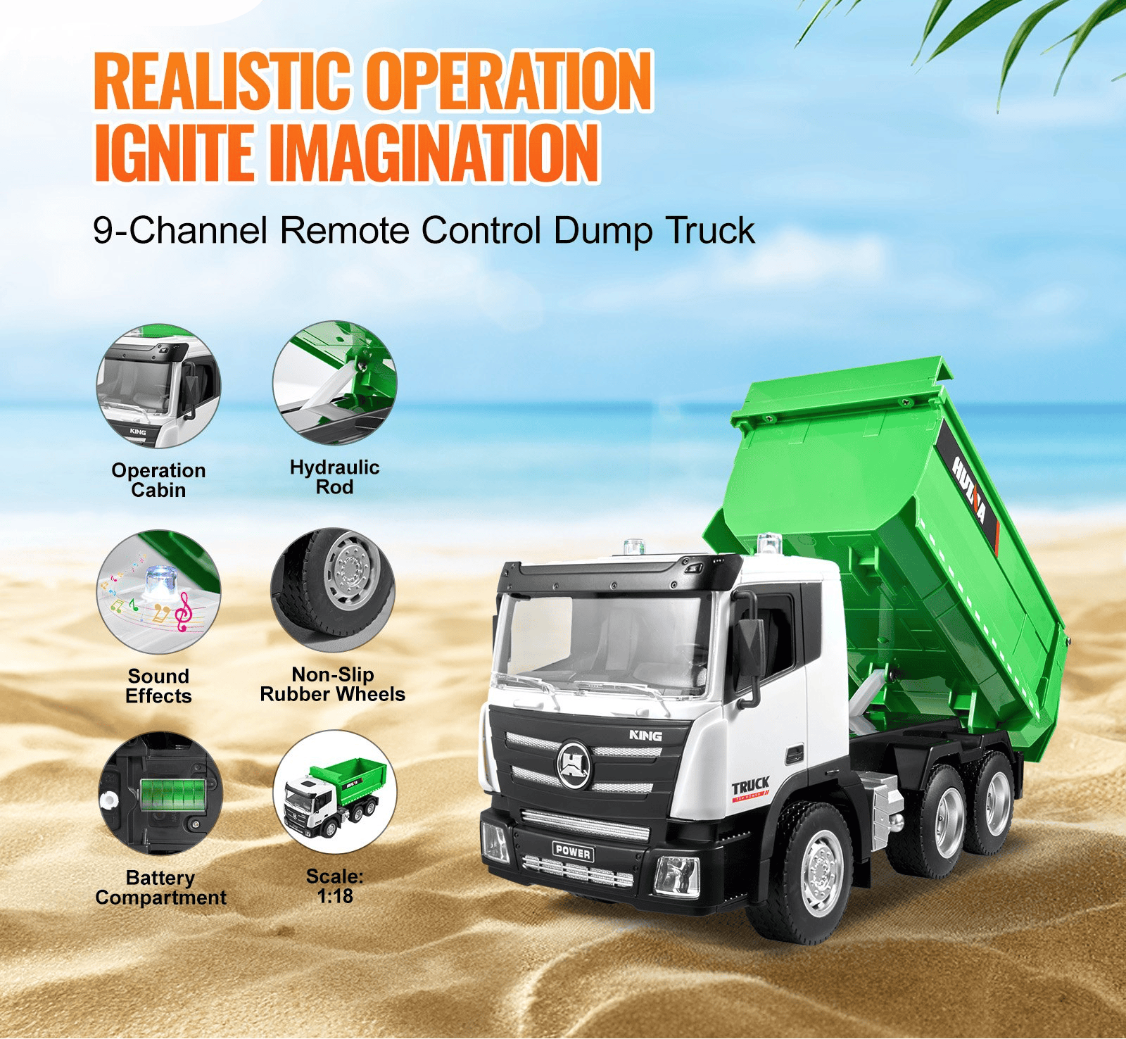 RC Remote Control Dump Truck Toy Construction Vehicle Toy 9CH 1:18 Scale