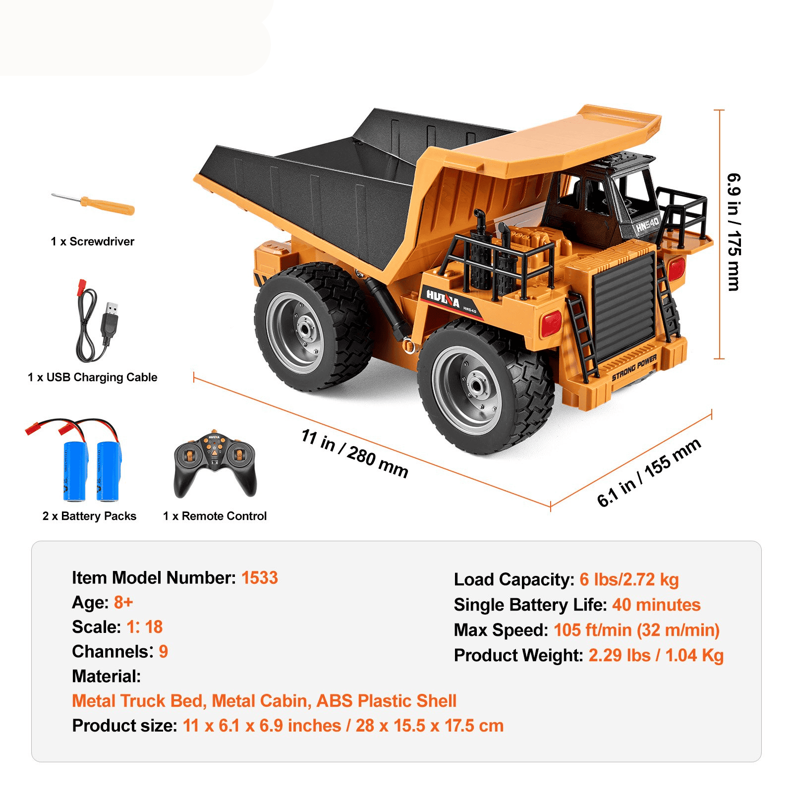 9-Channel RC Dump Truck – 1:18 Scale Remote Control Construction Toy