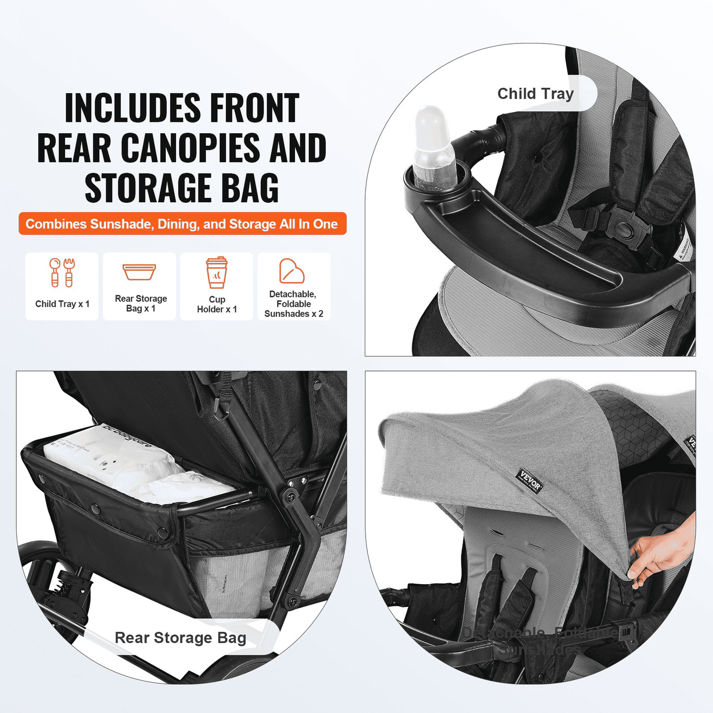 Double Stroller Foldable Lightweight Twin Tandem Stroller Dark Gray - The Little Big Store