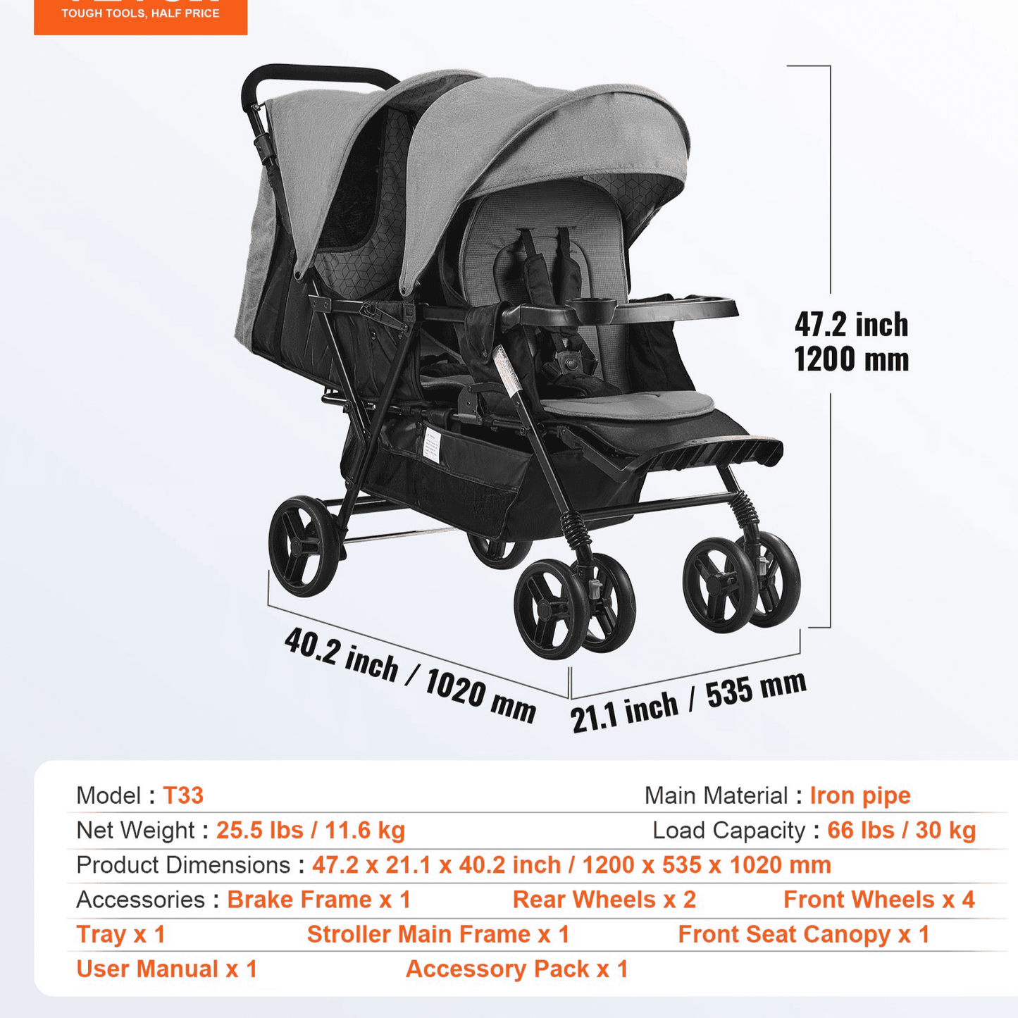 Double Stroller Foldable Lightweight Twin Tandem Stroller Dark Gray - The Little Big Store
