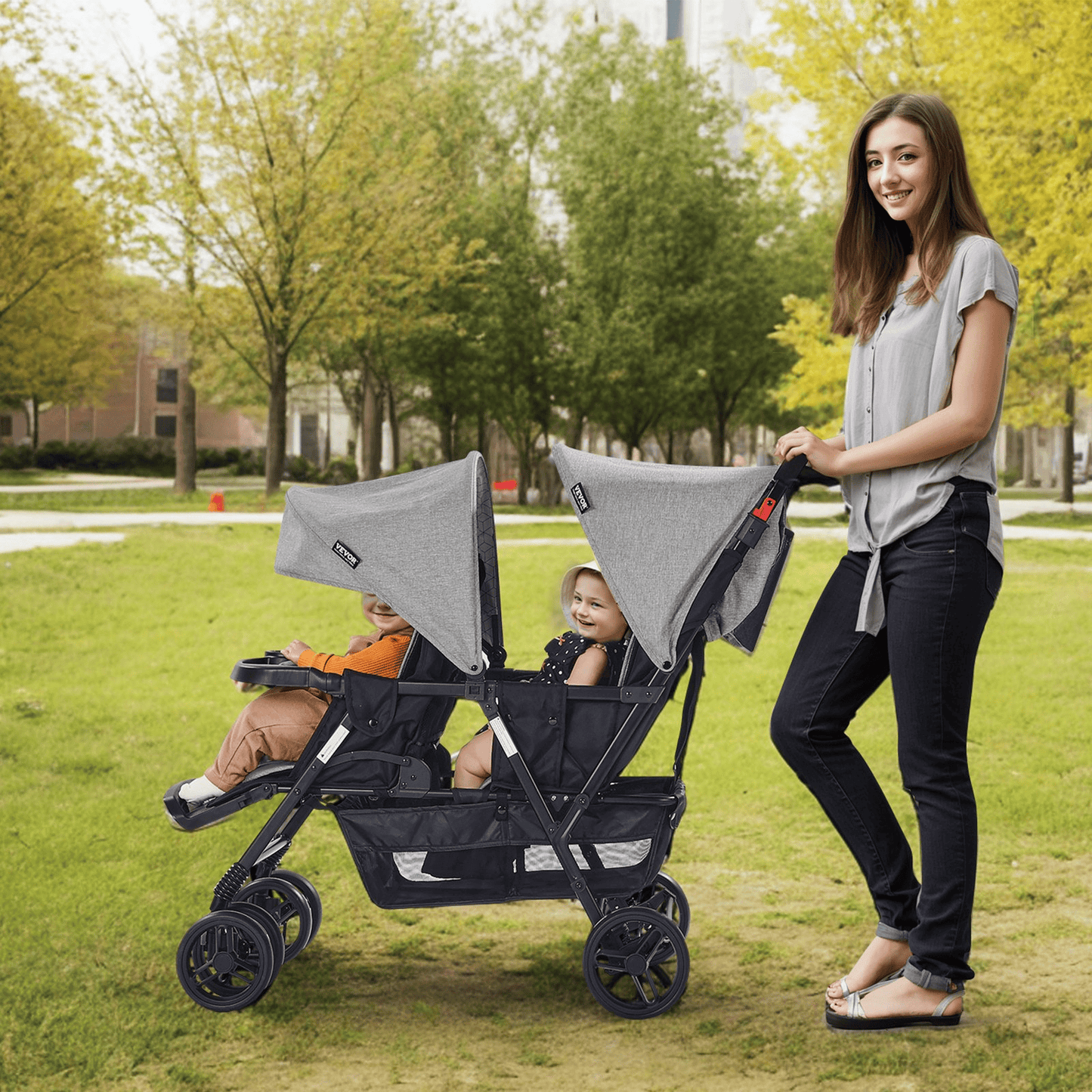 Double Stroller Foldable Lightweight Twin Tandem Stroller Dark Gray - The Little Big Store