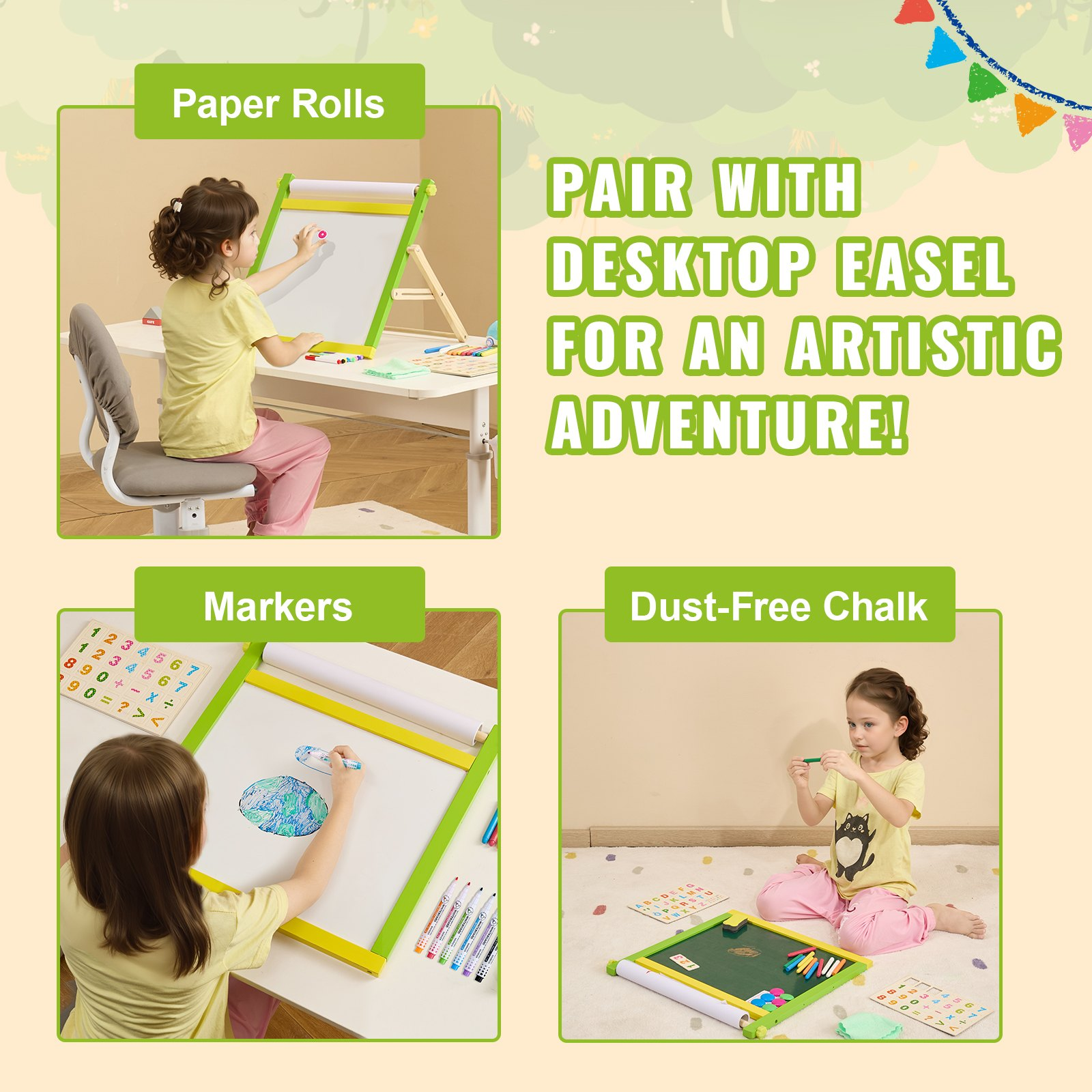 Kids Easel Accessory Set – 32 Piece Art Painting Kit with Chalk, Markers & Paper Rolls