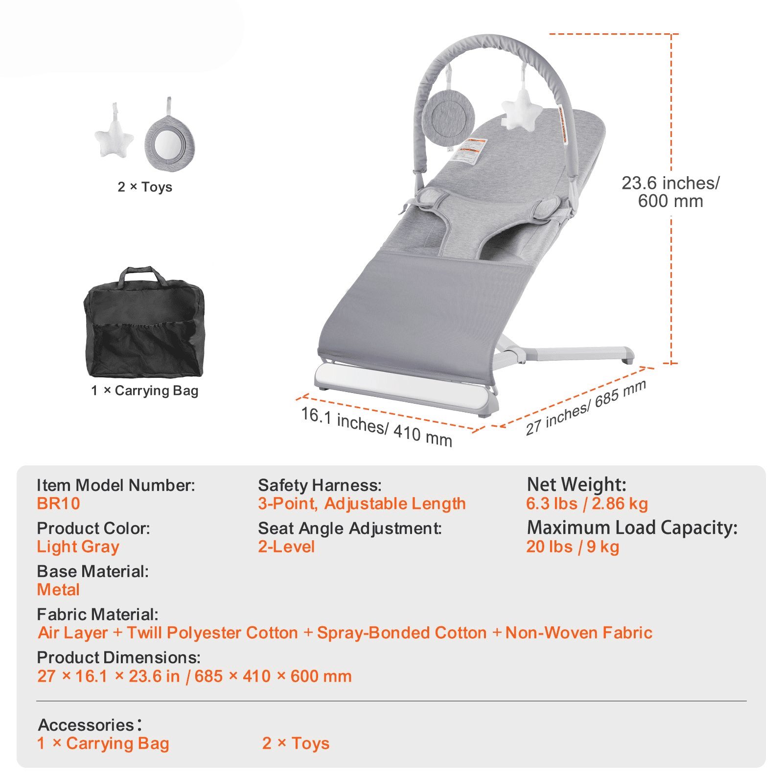 Baby Bouncer Folding Seat – Adjustable Reclining Chair with Toy Bar