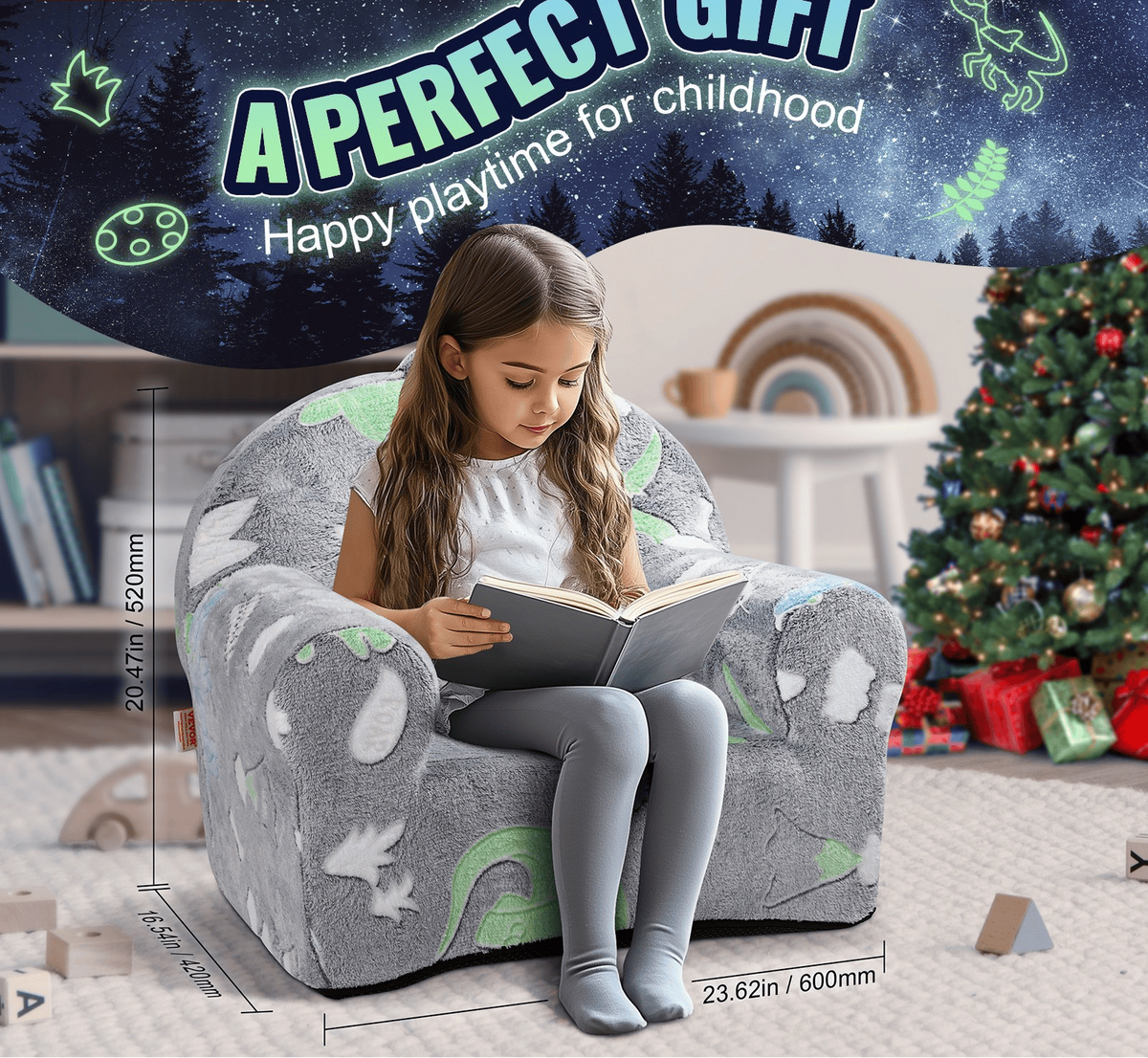 VEVOR Toddler Chair, Kids Armchair Comfy, Toddler Couch Sofa Bed Glow in The Dark, Kids Chair Seat Playroom Furniture for Kids Girls & Boys, Grey - The Little Big Store