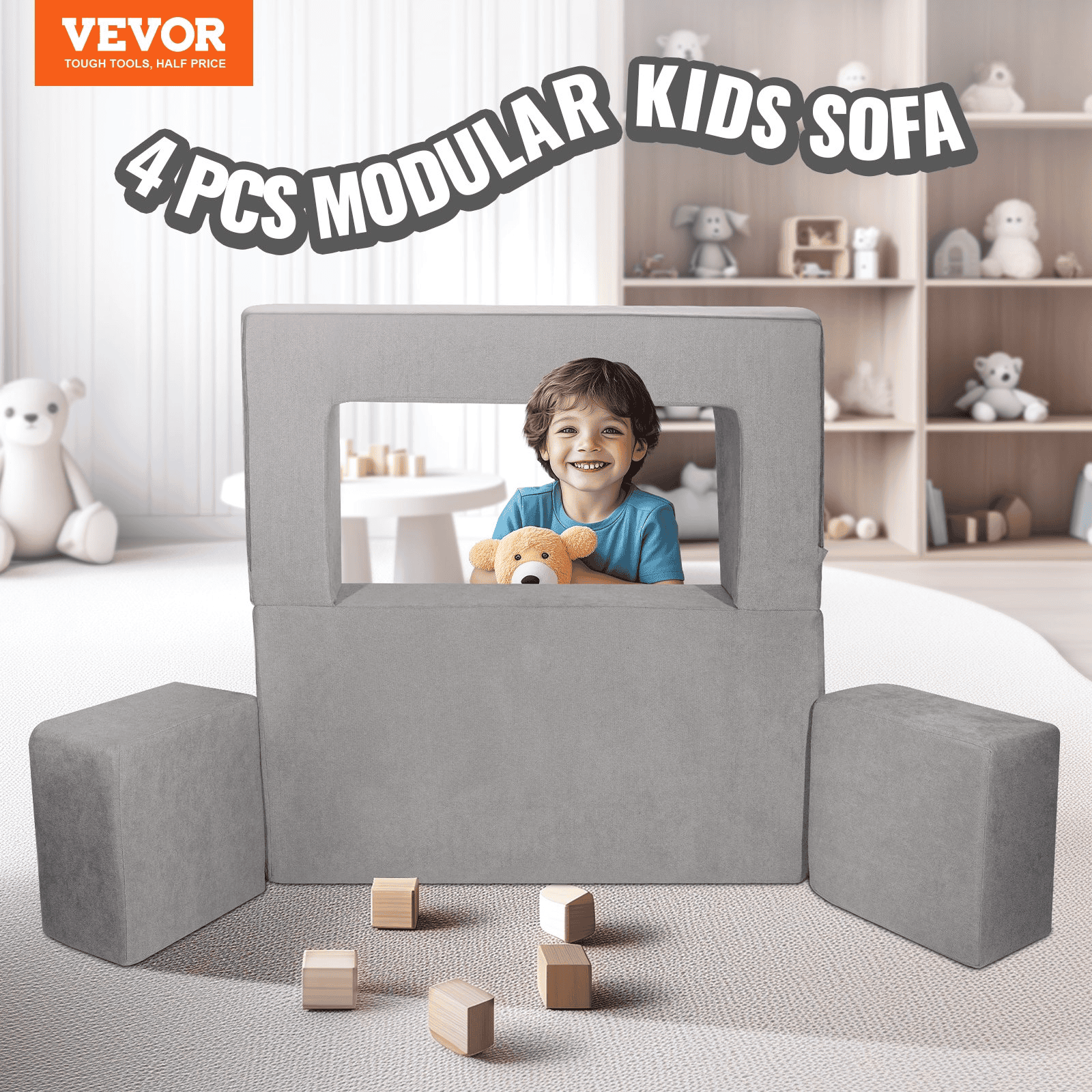 Kids Couch, 4Pcs Modular Kids Play Couch, Toddler Couch Sofa Bed, Kids Chair Seat Playroom Furniture, Child Sectional Sofa with Removable Cover for Kids Girls & Boys, Grey - The Little Big Store