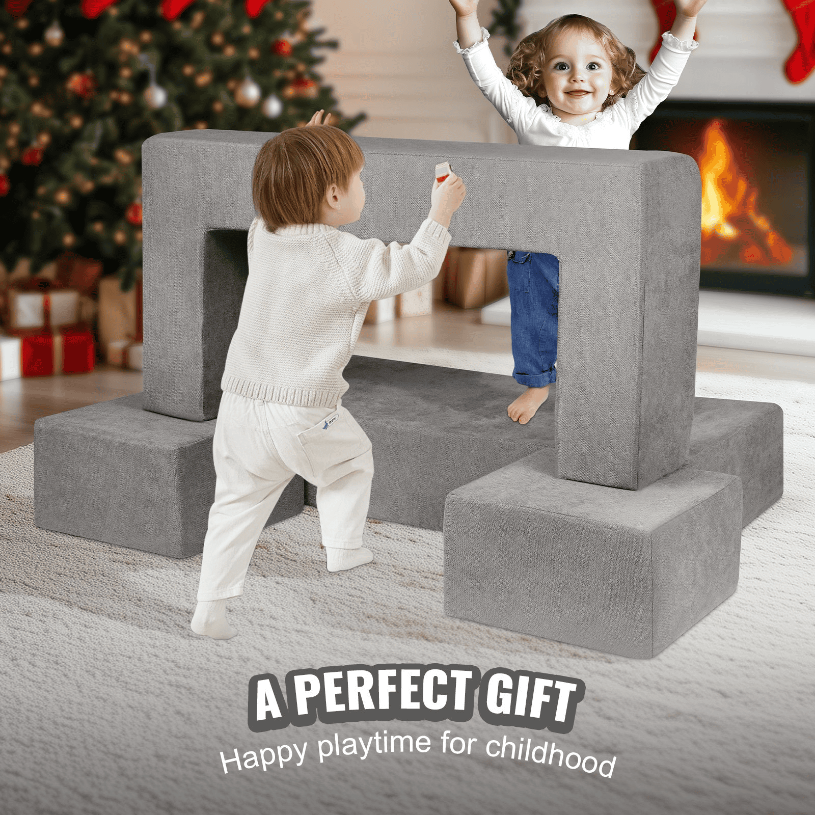 Kids Couch, 4Pcs Modular Kids Play Couch, Toddler Couch Sofa Bed, Kids Chair Seat Playroom Furniture, Child Sectional Sofa with Removable Cover for Kids Girls & Boys, Grey - The Little Big Store