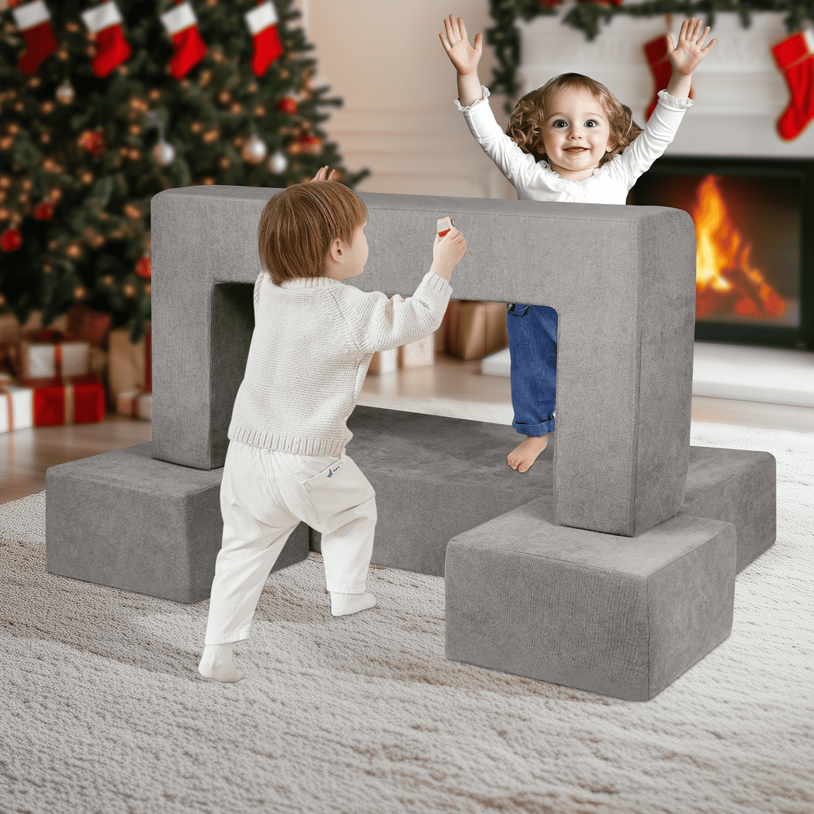 Kids Couch, 4Pcs Modular Kids Play Couch, Toddler Couch Sofa Bed, Kids Chair Seat Playroom Furniture, Child Sectional Sofa with Removable Cover for Kids Girls & Boys, Grey