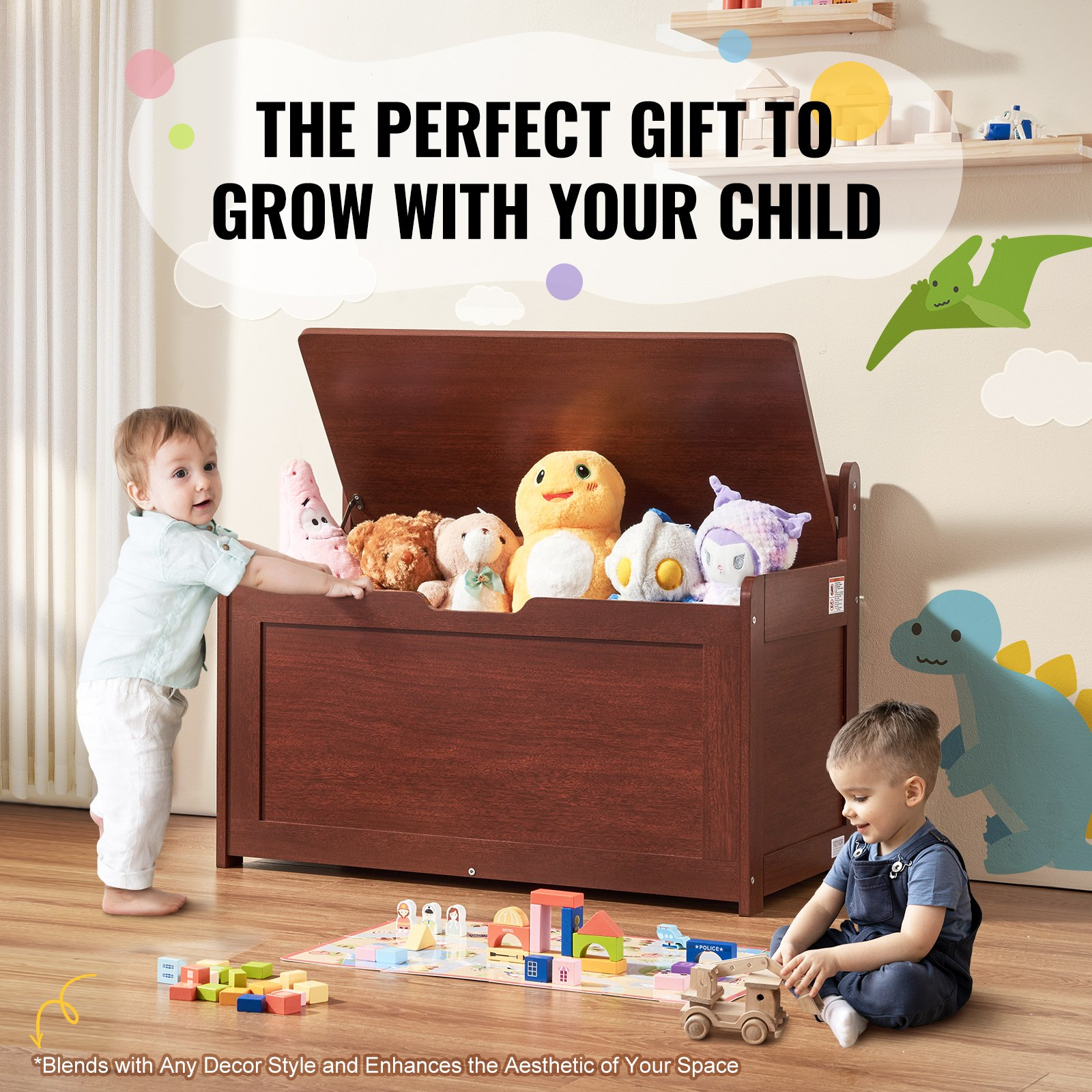 Wooden Toy Chest for Kids, Toddler Toy Storage Box with Flip-Top Lid and Safety Hinge, 32.68 x 17.91 x 24.02 Large Kids Storage Bench for Playroom, Bedroom, Living Room or Entryway, Cherry