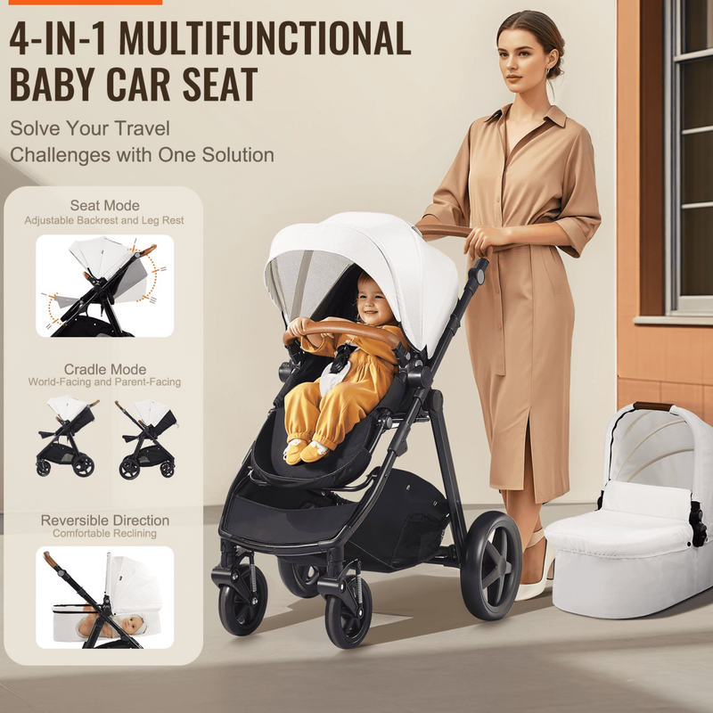 2-in-1 Baby Stroller Travel System with Bassinet & Playard – White