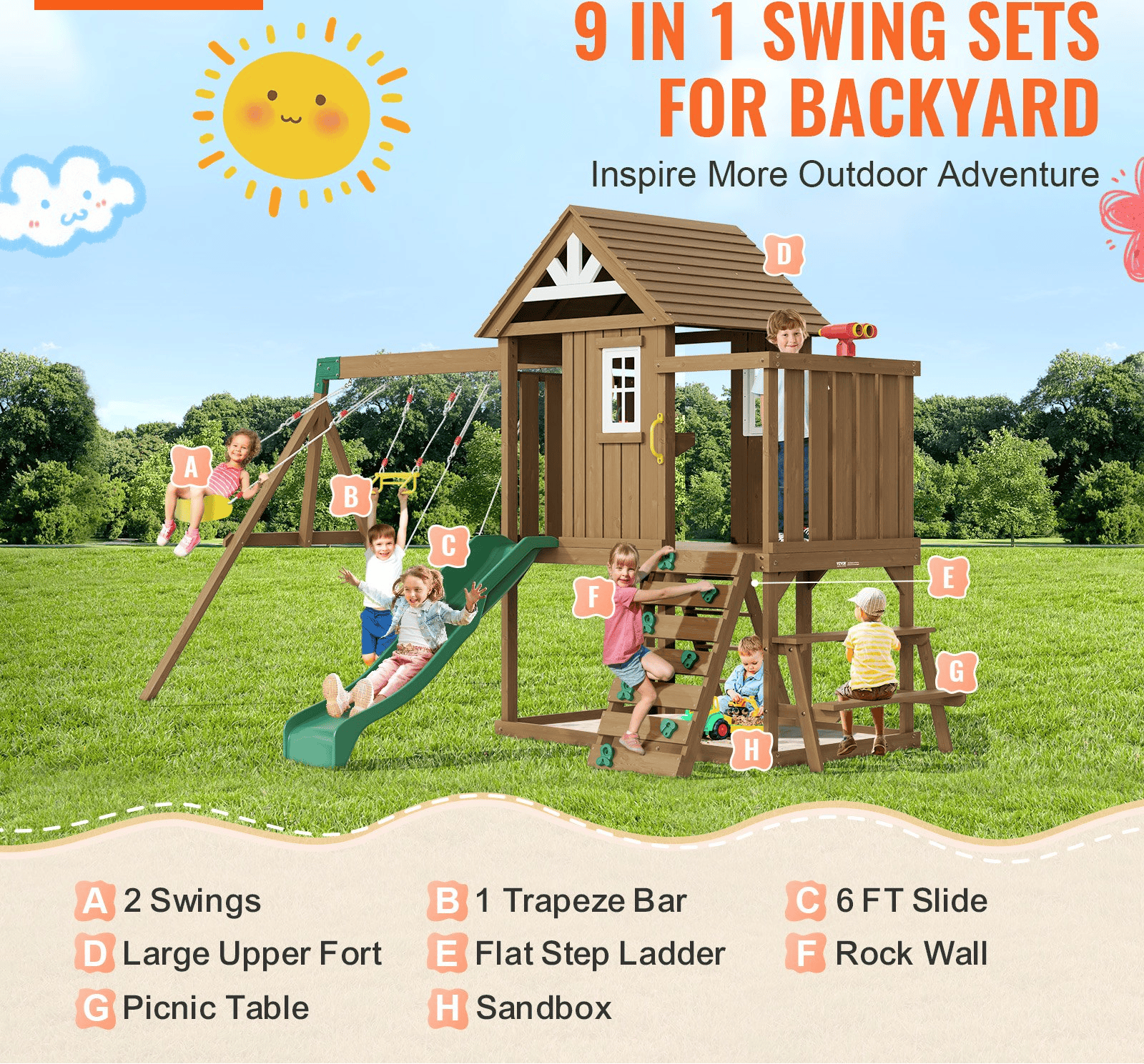 9-in-1 Wooden Outdoor Playground Set for Kids