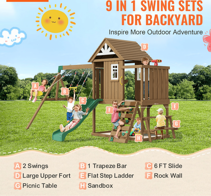 9-in-1 Wooden Outdoor Playground Set for Kids
