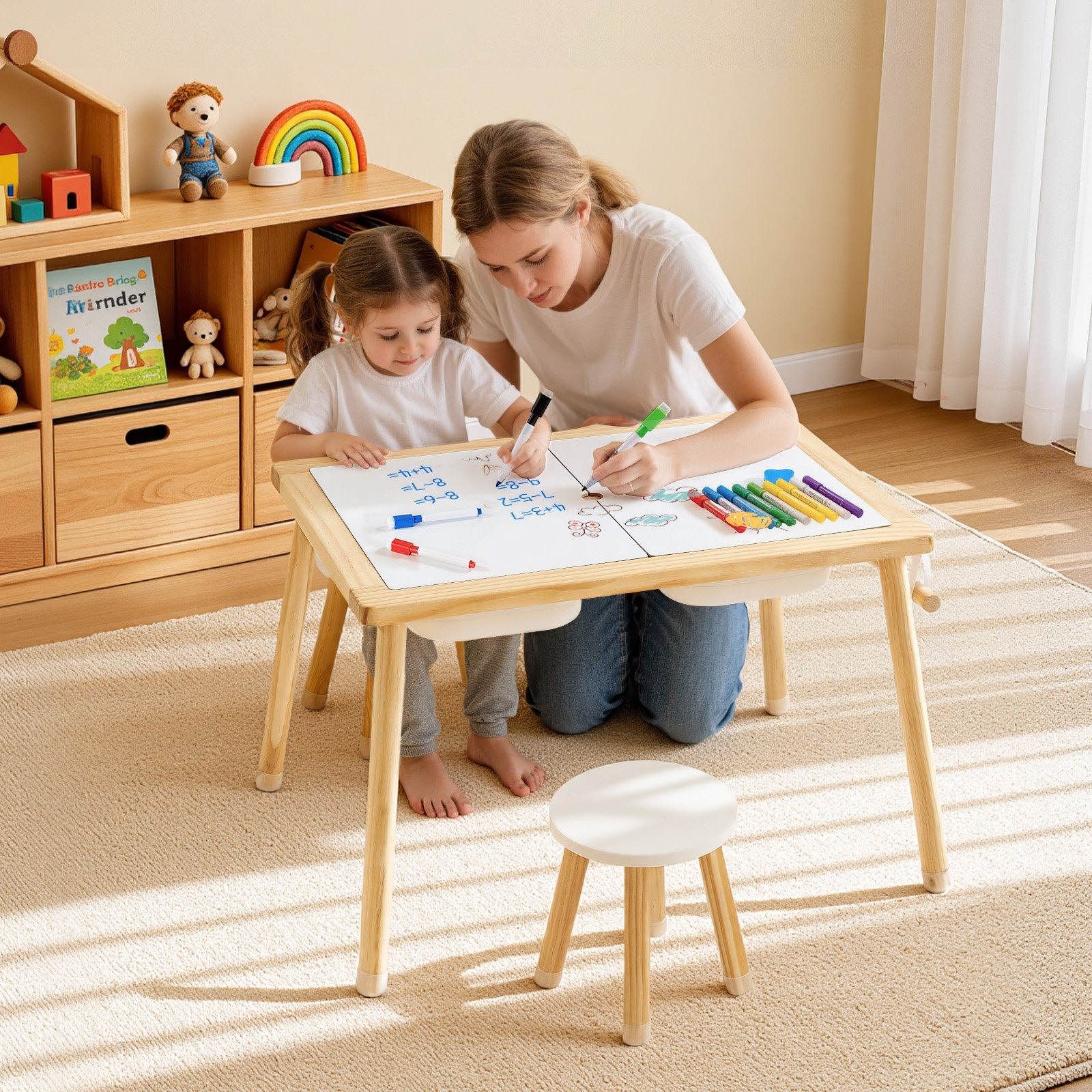 7-in-1 Wooden Sensory Table with 2 Stools & Storage