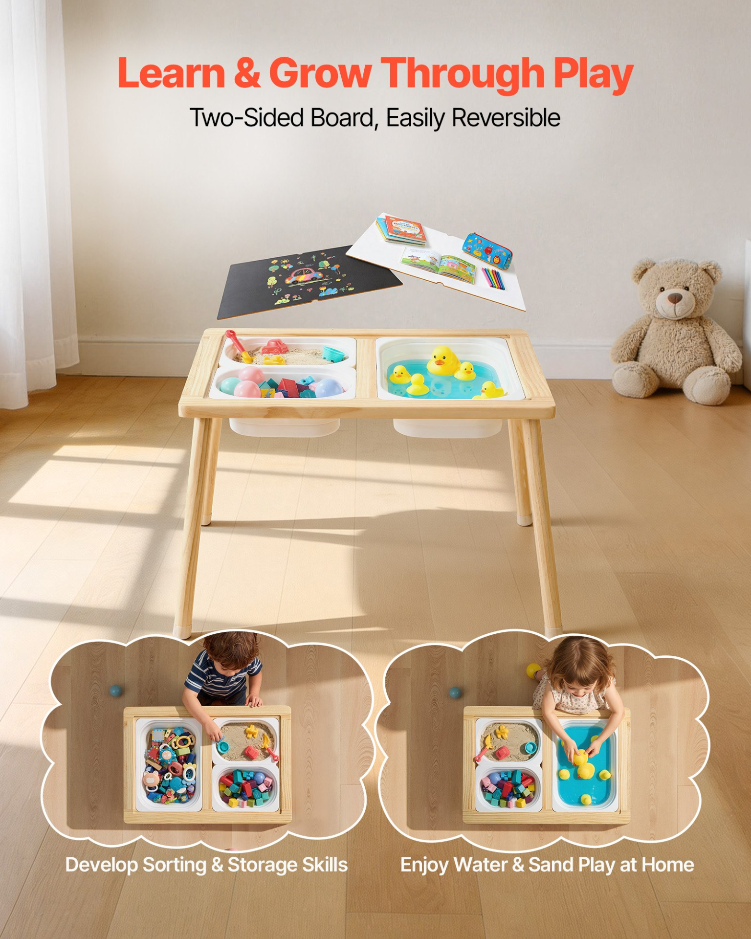 7-in-1 Wooden Sensory Table for Toddlers with Storage Bins