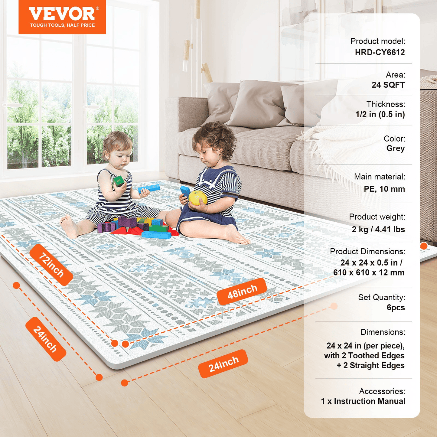 VEVOR Kids Foam Puzzle Floor Playmat 0.5 in 6 Pcs Interlocking EVA Soft Tiles - The Little Big Store