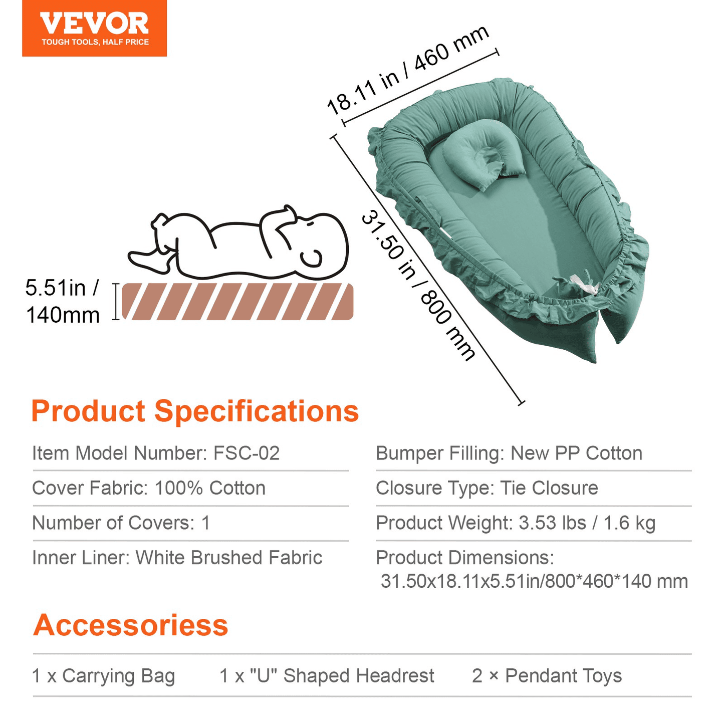 VEVOR Baby Infant Lounger 100% Cotton Soft Newborn Nest Sleeper with Headrest - The Little Big Store