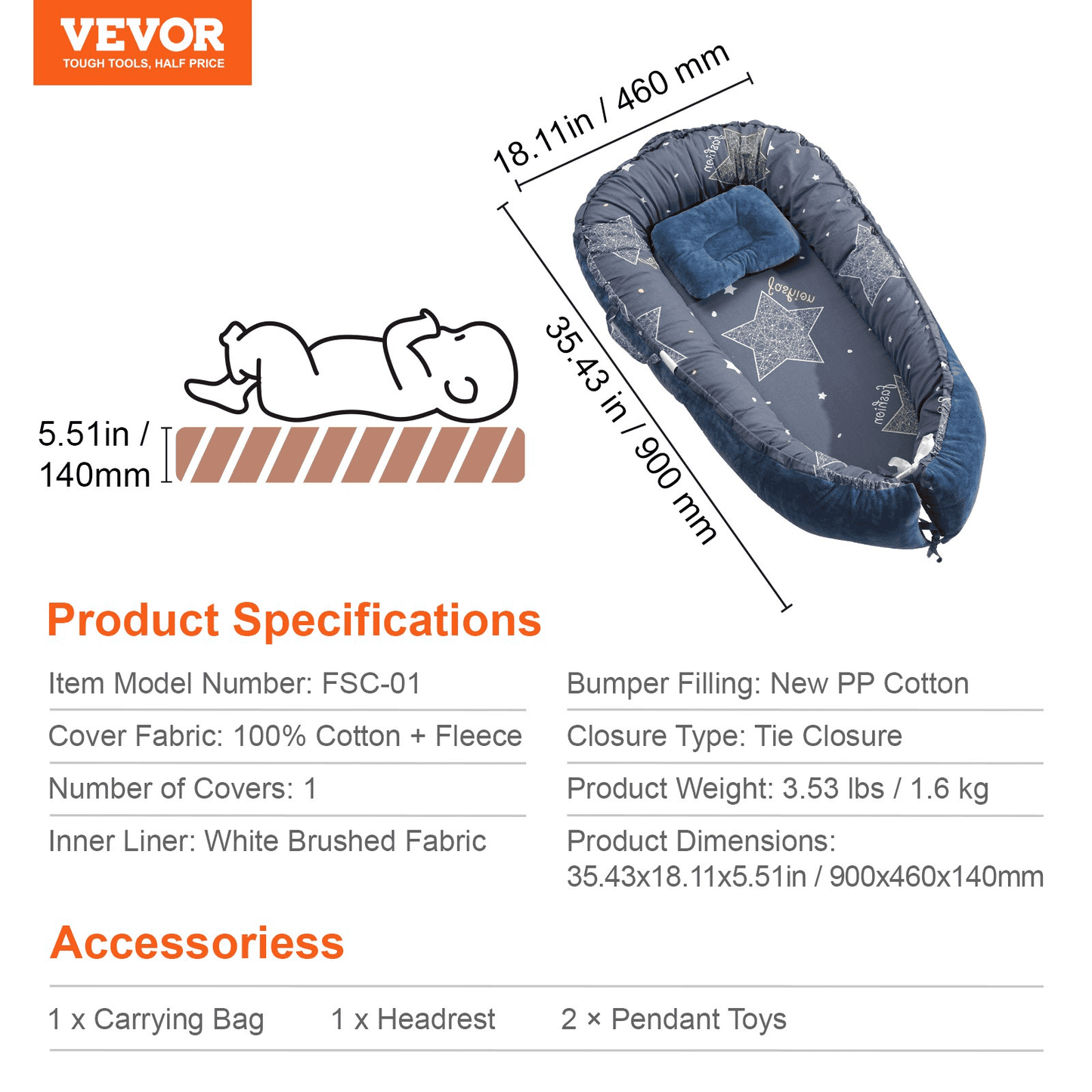 VEVOR Baby Infant Lounger 100% Cotton Soft Newborn Nest Sleeper with Headrest - The Little Big Store