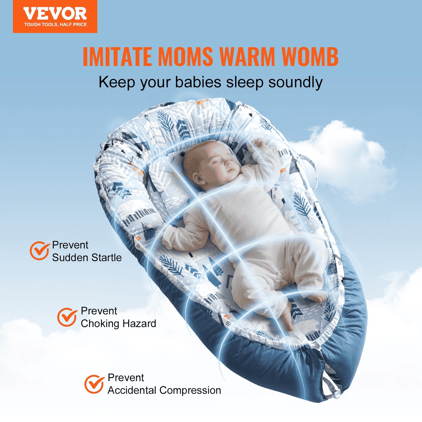 VEVOR Baby Lounger 100% Cotton Newborn Nest Sleeper with Headrest and 2 Covers - The Little Big Store