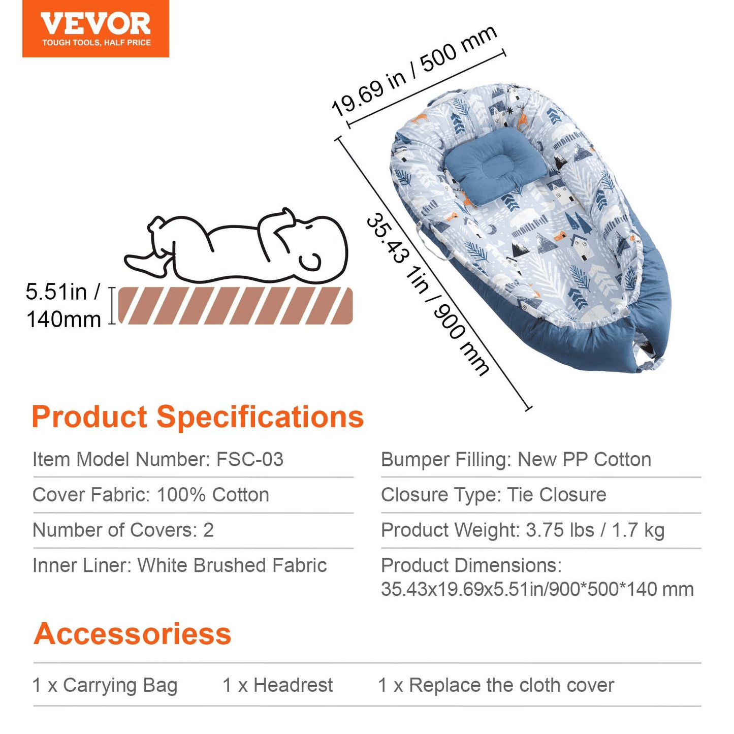 VEVOR Baby Lounger 100% Cotton Newborn Nest Sleeper with Headrest and 2 Covers - The Little Big Store