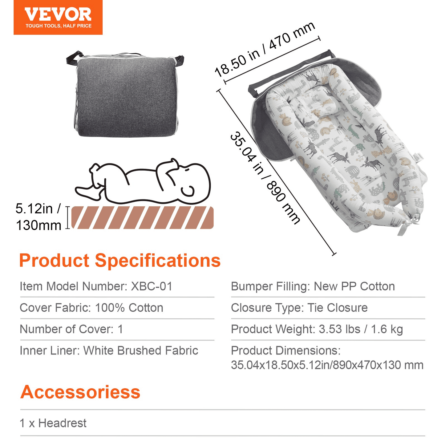 VEVOR Baby Lounger Baby Nest Sleeper for Newborn 100% Cotton with Headrest - The Little Big Store