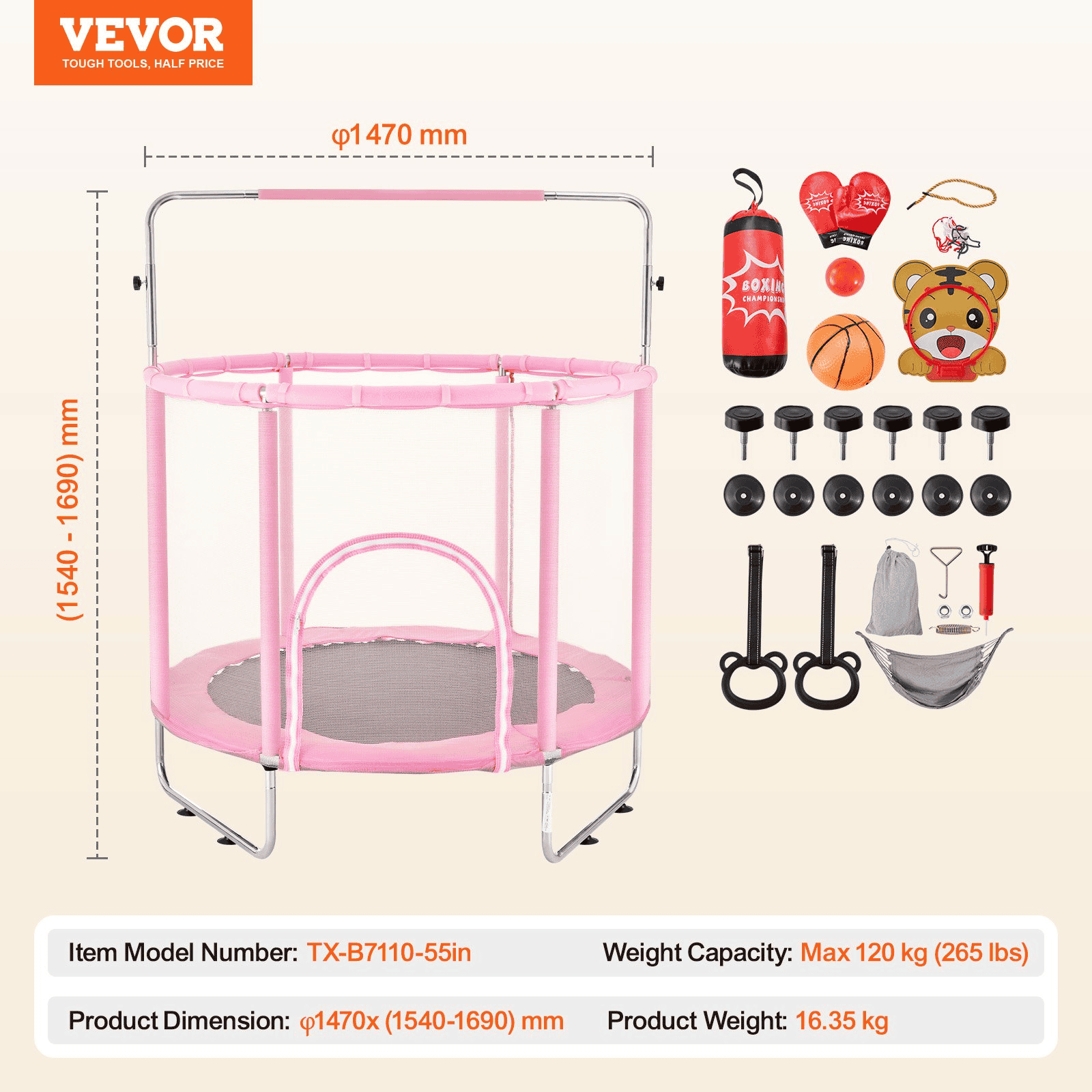 55" Trampoline for Kids Mini Toddler Trampoline with Net Indoor Outdoor