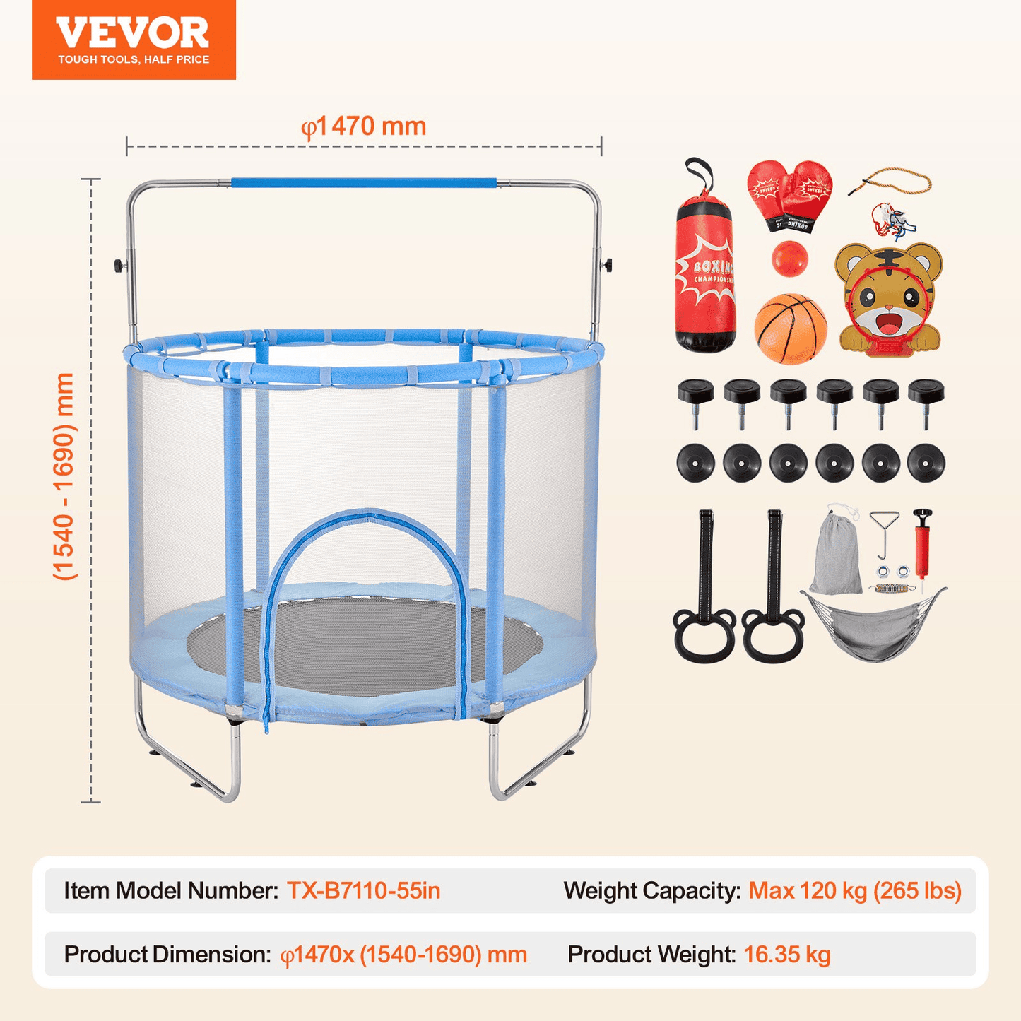 55" Trampoline for Kids Mini Toddler Trampoline with Net Indoor Outdoor - The Little Big Store