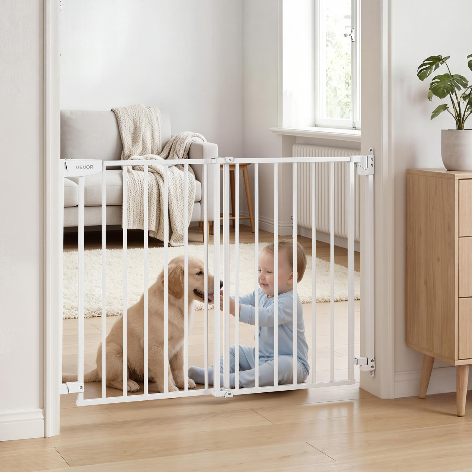 Adjustable Baby & Pet Safety Gate for Stairs – 30 Inch Hardware Mounted Barrier (White)