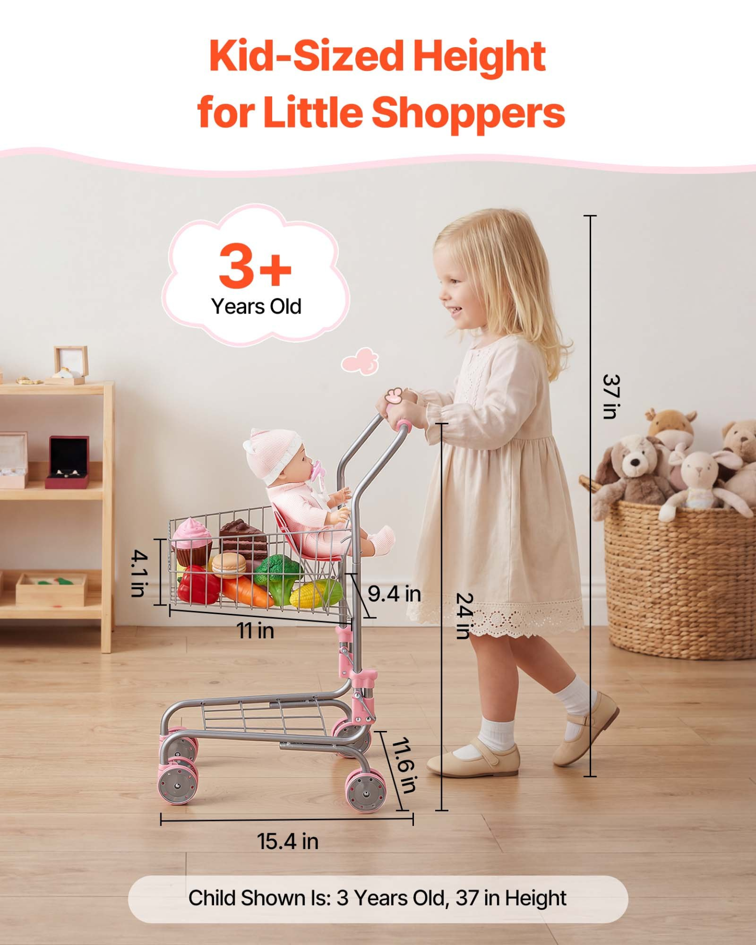 Kids Pretend Play Shopping Cart with Baby Doll – Pink