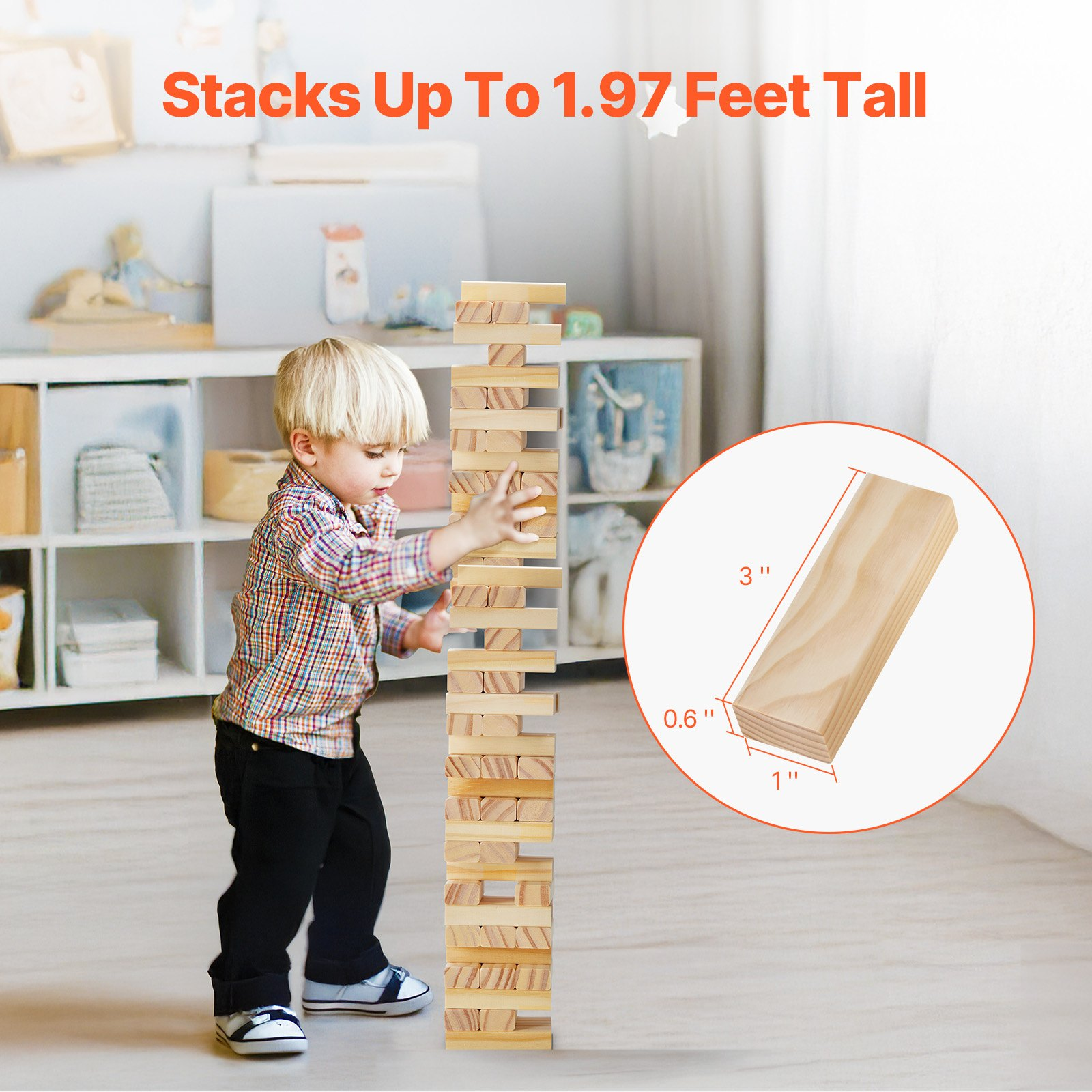 VEVOR Tumbling Timber Toy, 54 Blocks Tumble Tower Blocks Game, Pine Wood Tumbling Tower Game with Storage Crate, Multiple Ways to Play Wooden Stacking Game, Tumble Tower Family Game for Indoor/Outdoor