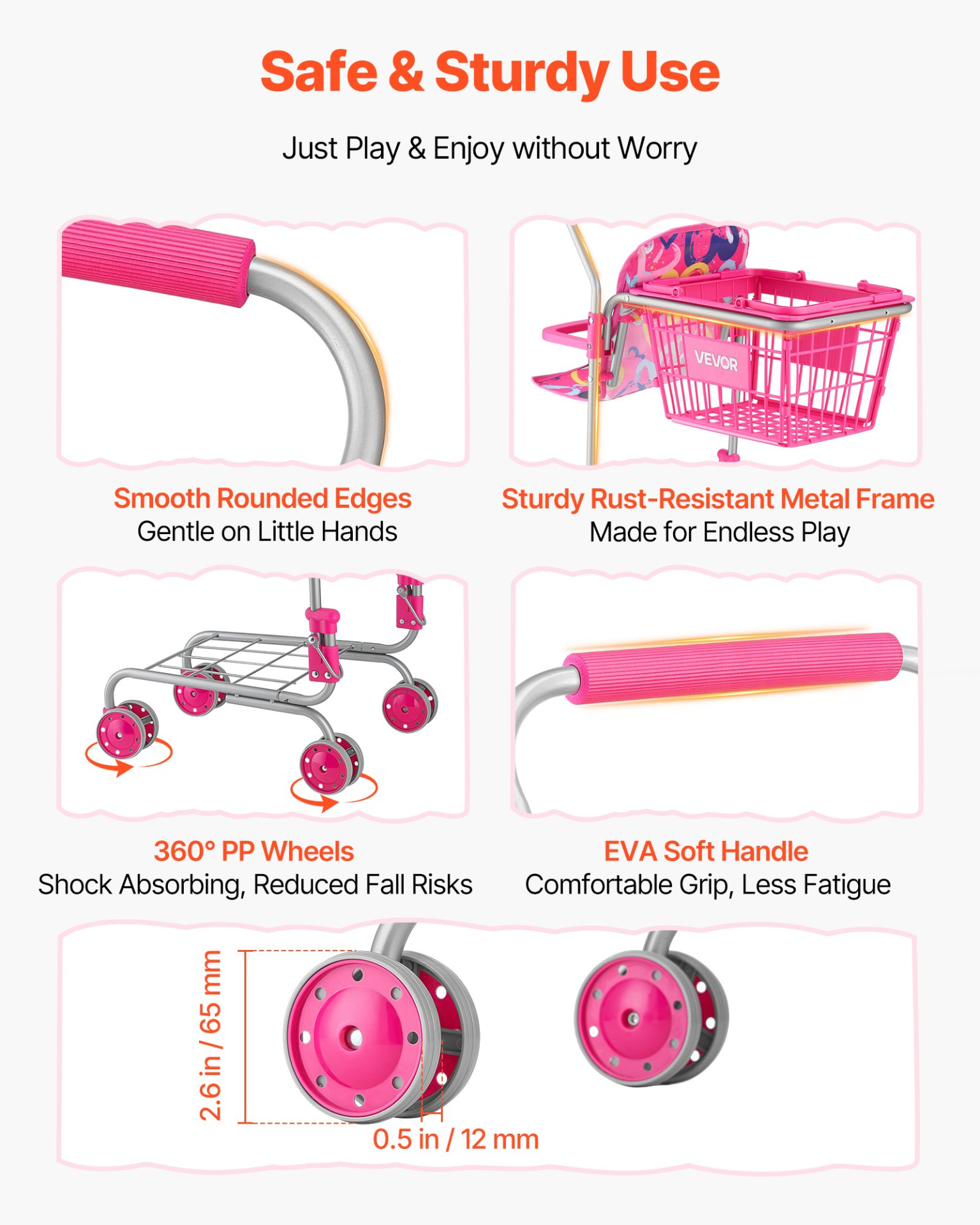VEVOR Shopping Cart for Kids, Sturdy Metal Frame, Toy Shopping Cart with Baby Doll, 4 Rolling Wheels, Doll Seat Carrier, Grocery Pretend Play Toy Trolley, Folds for Easy Storage, for Toddlers Ages 3+