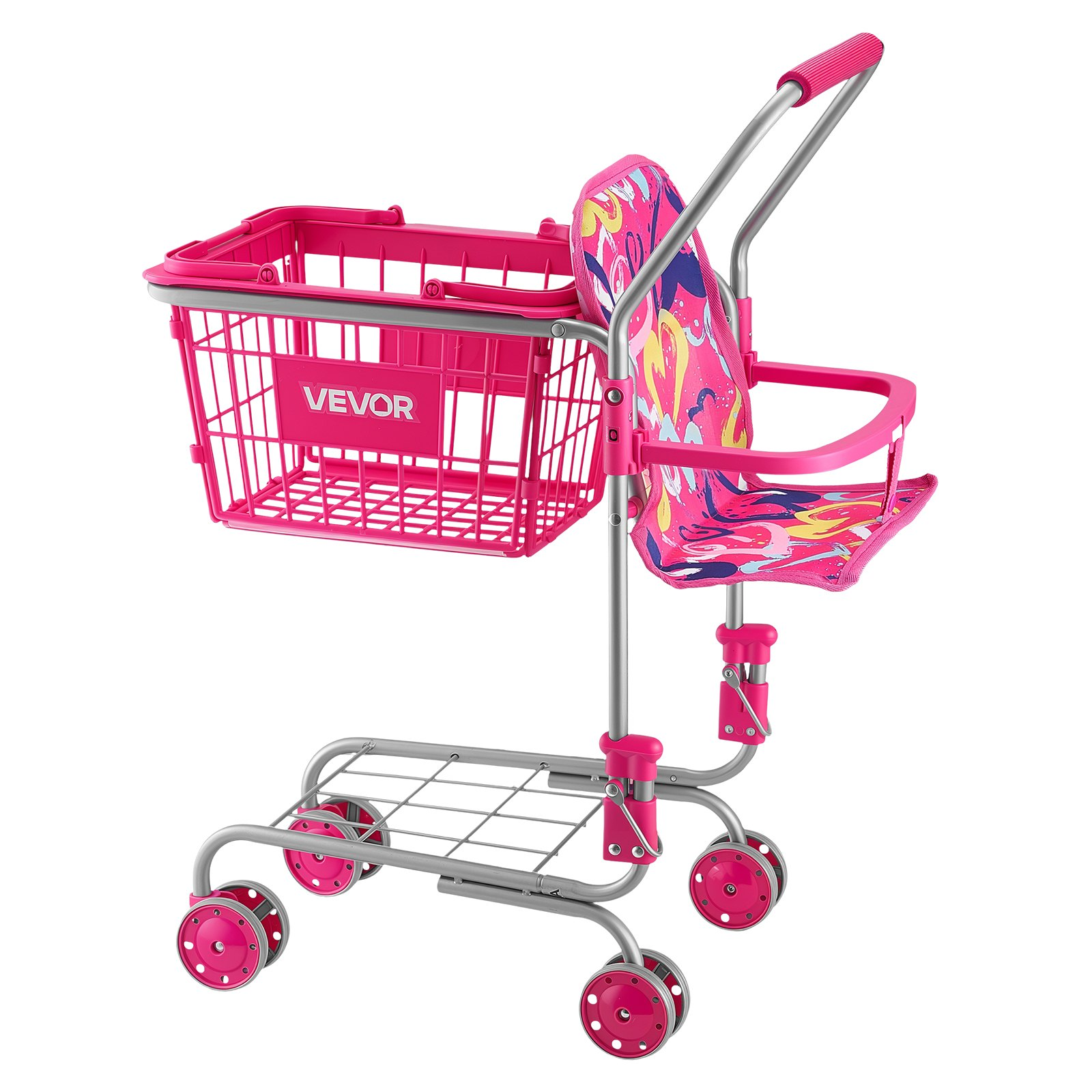 VEVOR Shopping Cart for Kids, Sturdy Metal Frame, Toy Shopping Cart with Baby Doll, 4 Rolling Wheels, Doll Seat Carrier, Grocery Pretend Play Toy Trolley, Folds for Easy Storage, for Toddlers Ages 3+