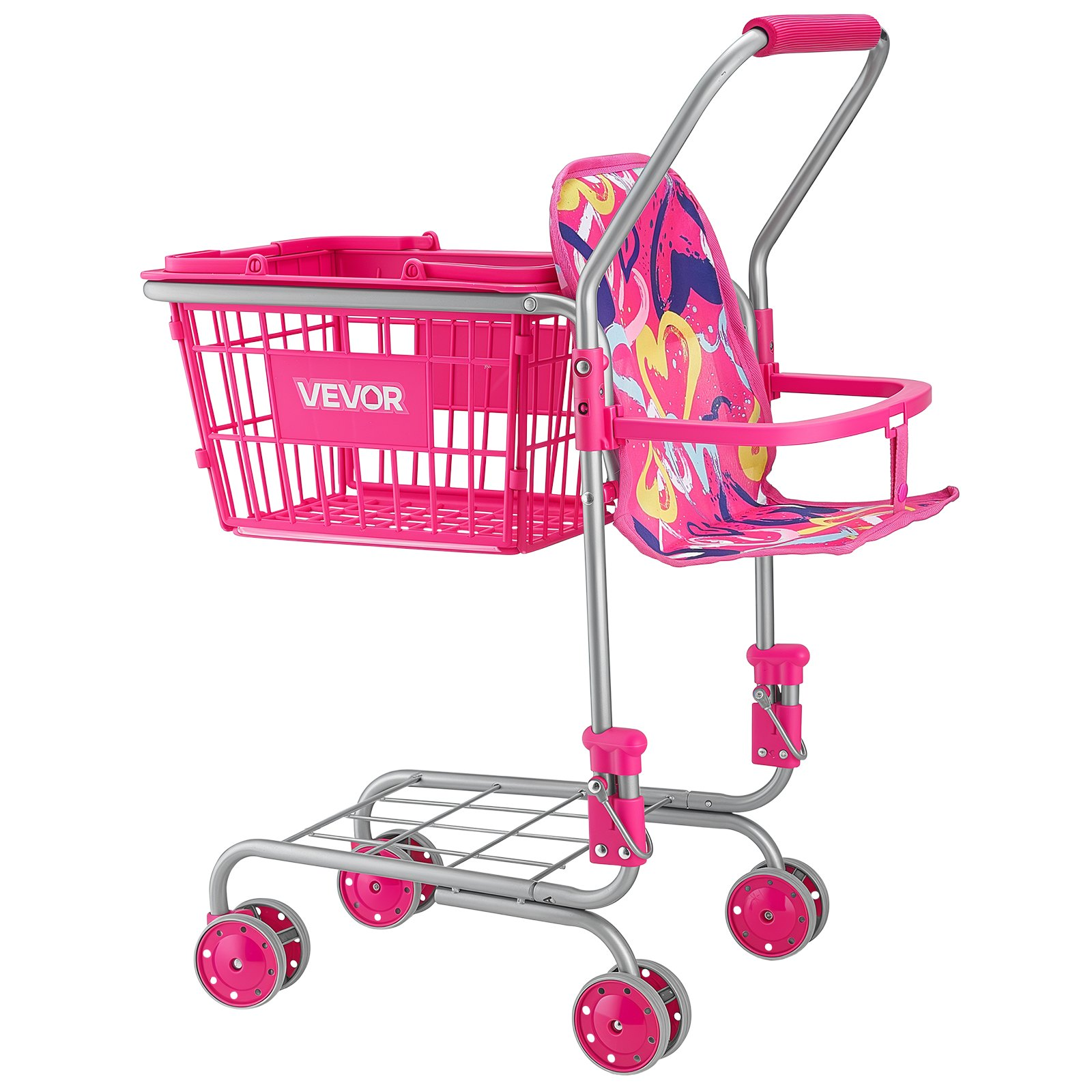 VEVOR Shopping Cart for Kids, Sturdy Metal Frame, Toy Shopping Cart with Baby Doll, 4 Rolling Wheels, Doll Seat Carrier, Grocery Pretend Play Toy Trolley, Folds for Easy Storage, for Toddlers Ages 3+