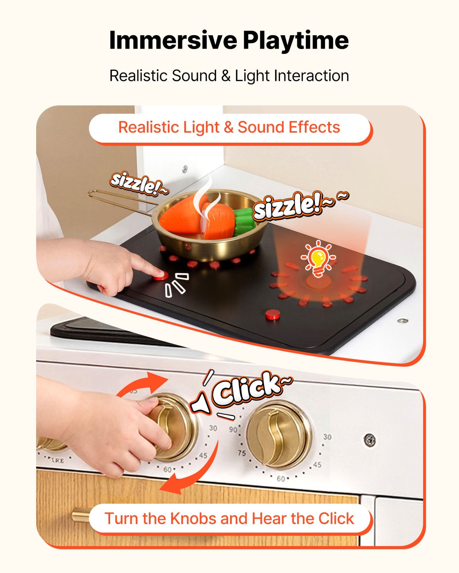 VEVOR Play Kitchen for Kids, Wooden, Kids Kitchen Playset with Real Lights & Sounds, Food & Cookware Accessories, Pretend Play Toy Set, Sink, Oven, Stove, Cabinet, for Toddlers, Girls & Boys Ages 3-8