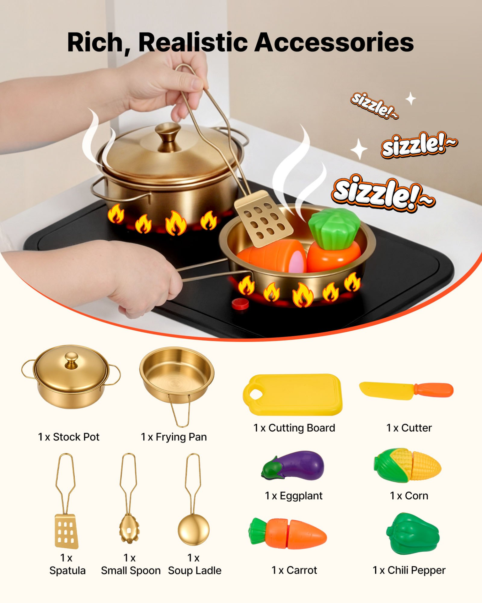 VEVOR Play Kitchen for Kids, Wooden, Kids Kitchen Playset with Real Lights & Sounds, Food & Cookware Accessories, Pretend Play Toy Set, Sink, Oven, Stove, Cabinet, for Toddlers, Girls & Boys Ages 3-8