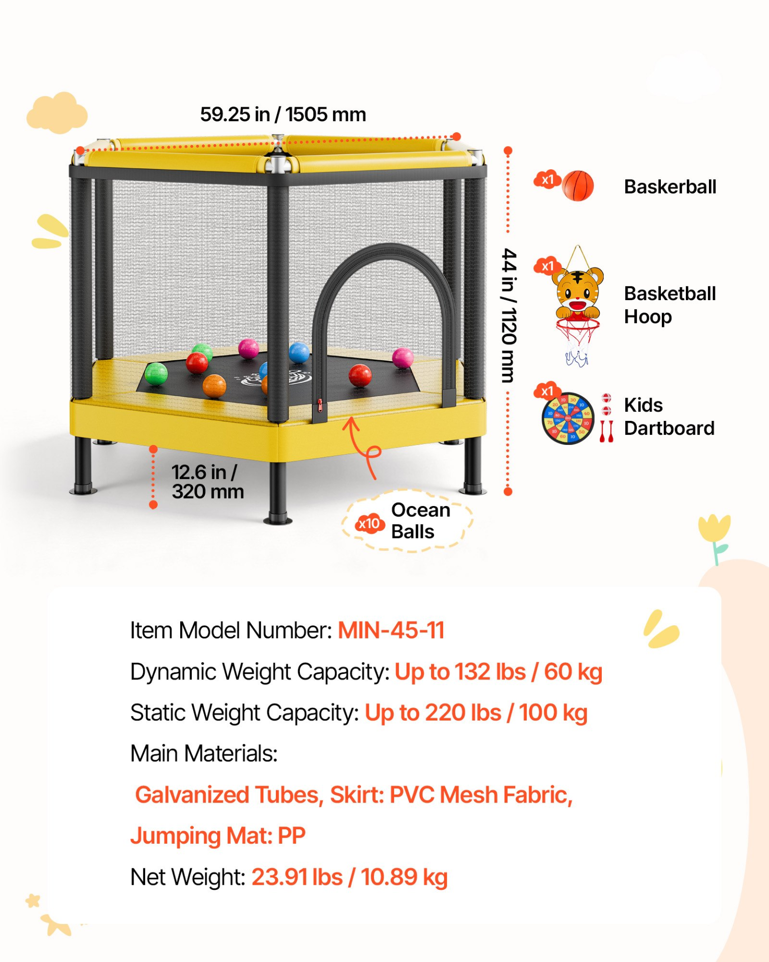 Kids Mini Trampoline with Safety Net & Basketball Hoop | Indoor & Outdoor Toddler Trampoline