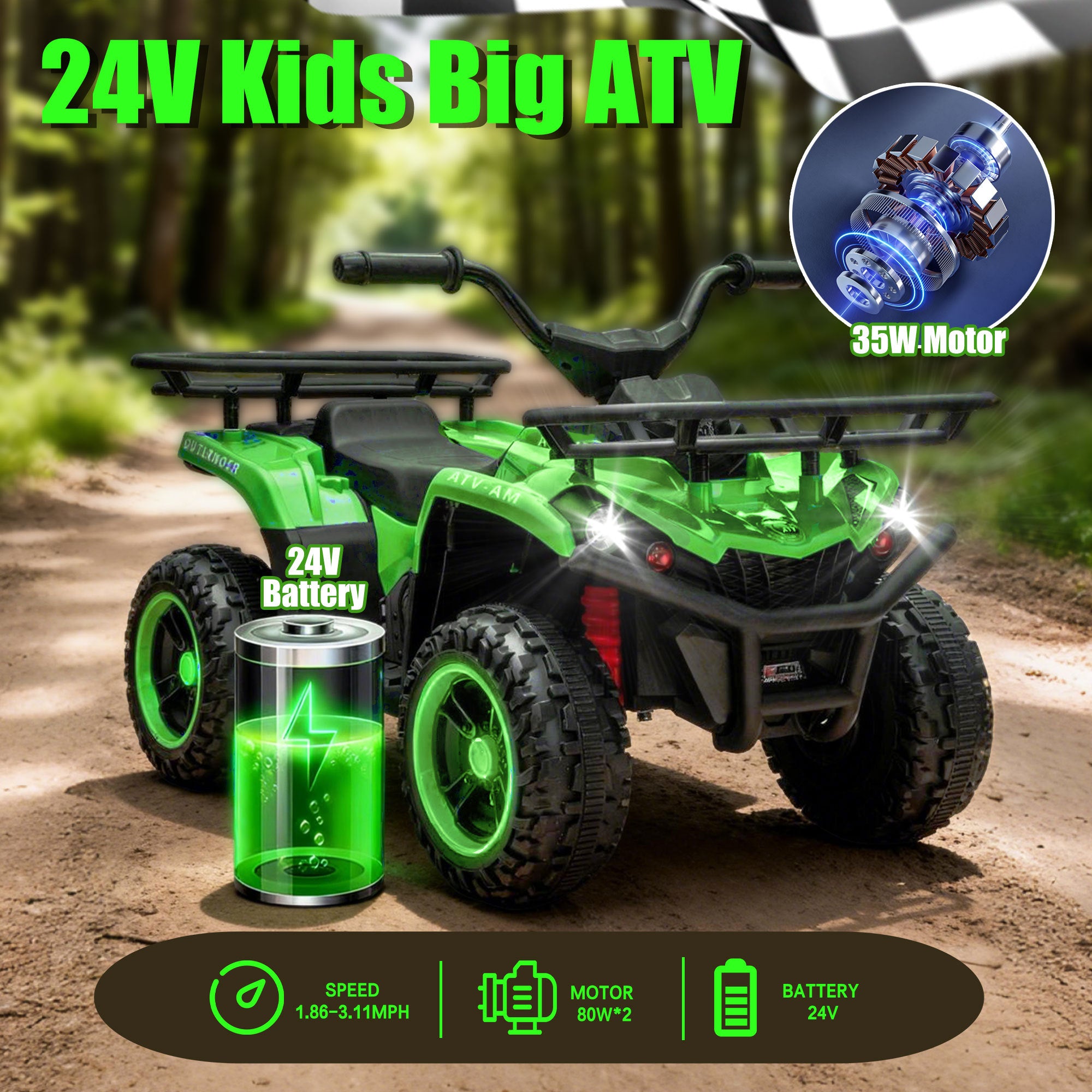 24V Kids Ride-On ATV – Dual 80W Motors, Bluetooth, LED Lights & Storage (Ages 3–5)