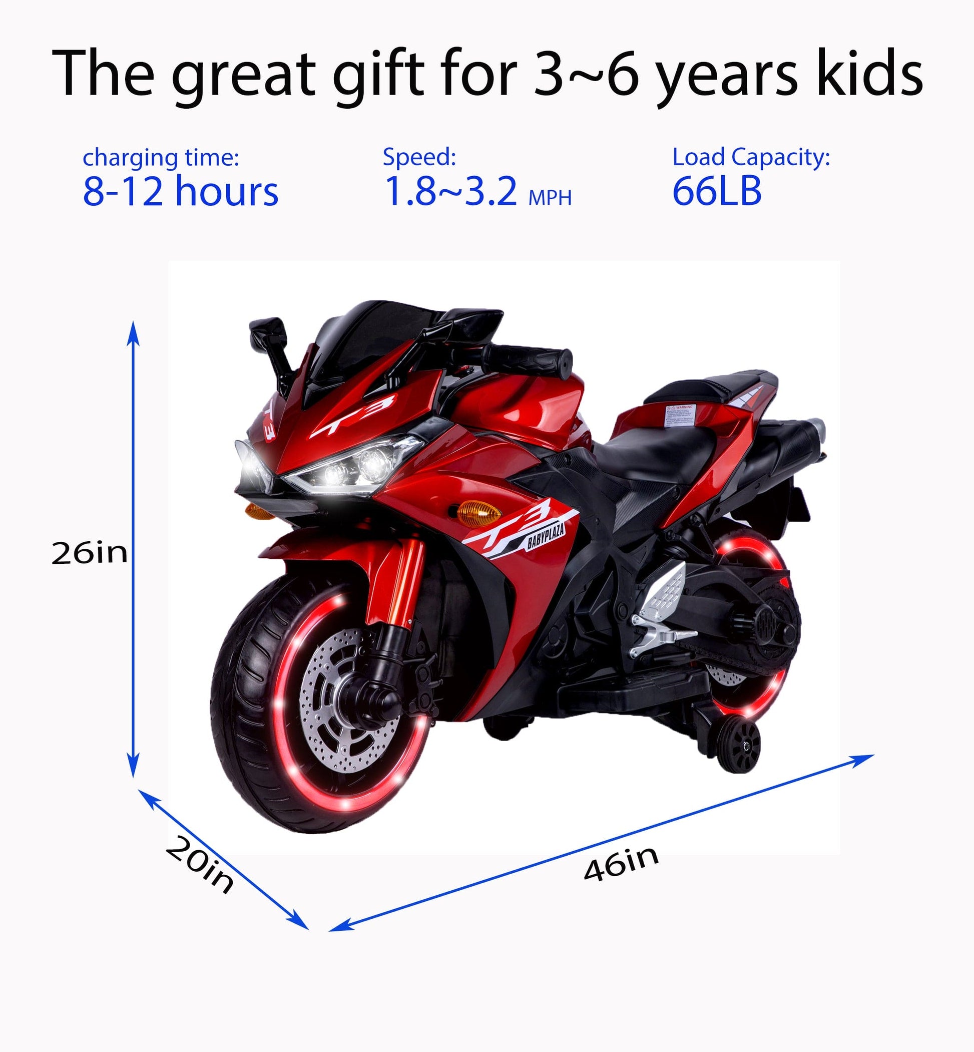 kids motorcycle 12V motorcycle for kids 3 4 5 6 years Boys Girls 12v7ah kids motorcycle ride on toy with Training Wheels/manual throttle/ drive by hand /Lighting wheels - The Little Big Store