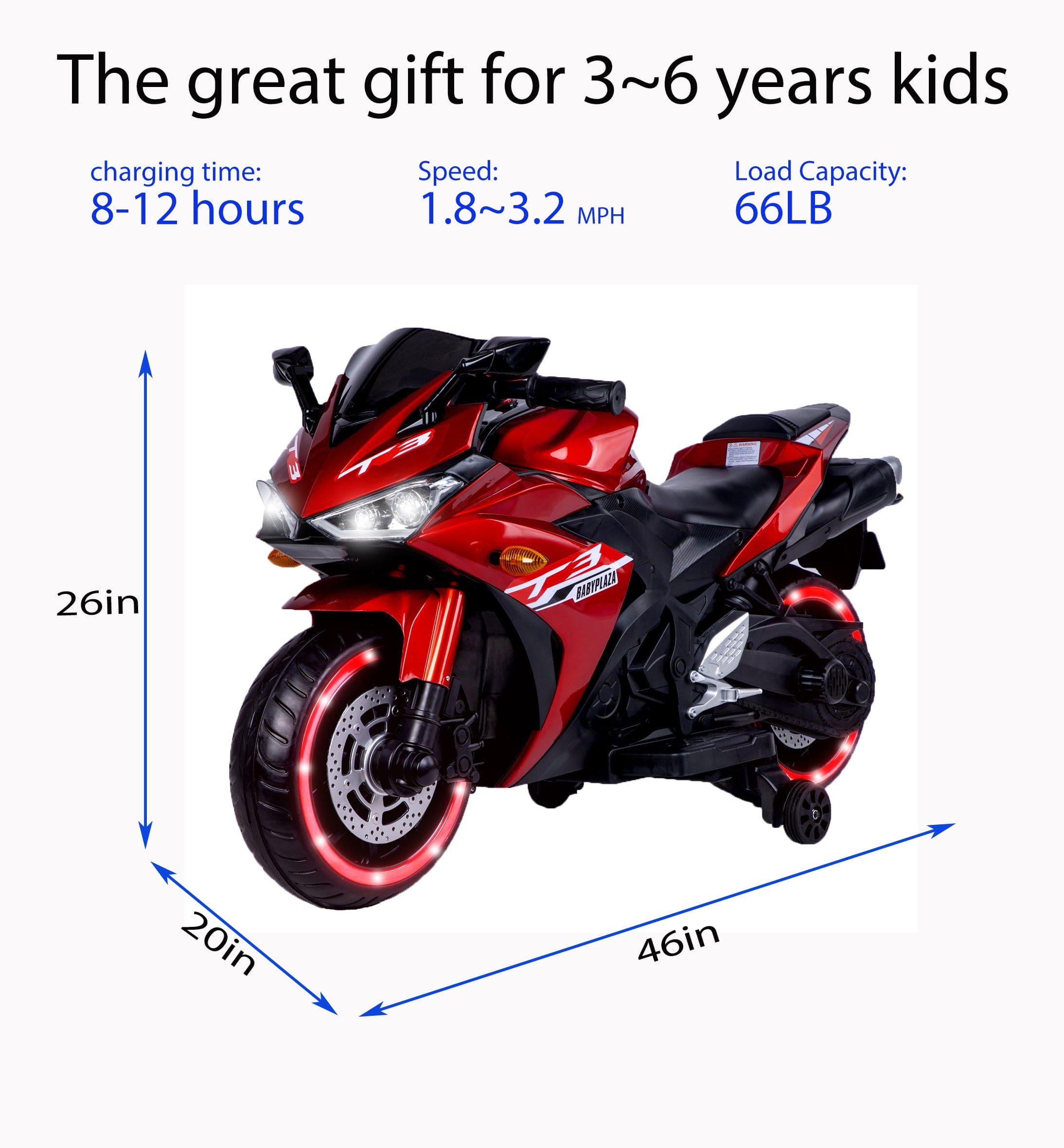 12V Kids Motorcycle Ride-On with Training Wheels & LED Lights