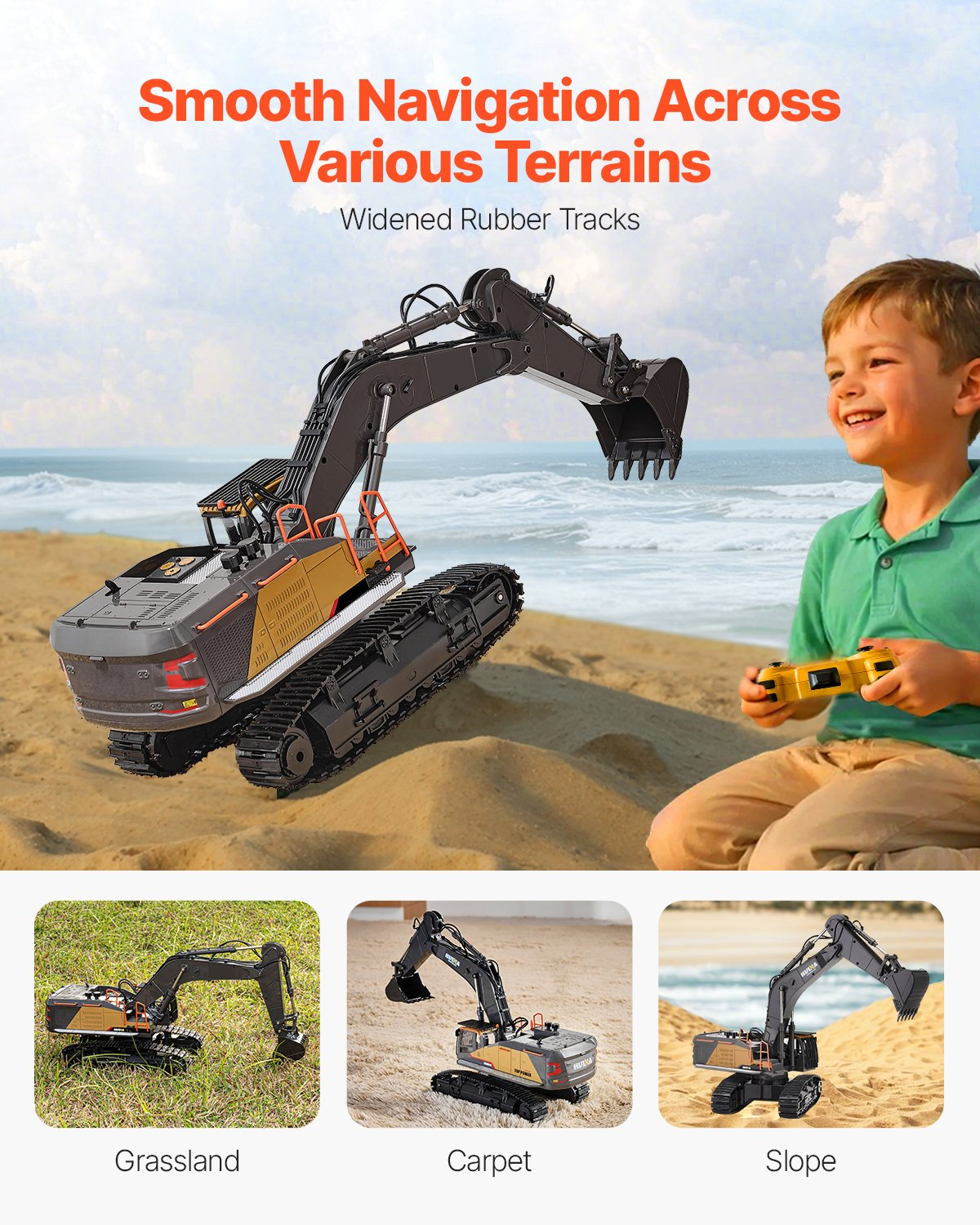 VEVOR Remote Control Excavator Toy, 15 Channel, 3 in 1 Remote Control Digger with Metal Shovel, 1:14 Scale RC Excavator with Light & Sound, Full Functional Construction Vehicles for Kids, 2 Batteries