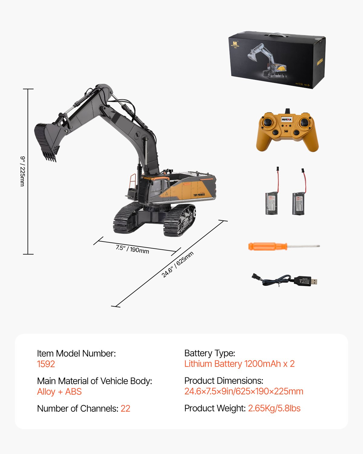 VEVOR Remote Control Excavator Toy, 15 Channel, 3 in 1 Remote Control Digger with Metal Shovel, 1:14 Scale RC Excavator with Light & Sound, Full Functional Construction Vehicles for Kids, 2 Batteries