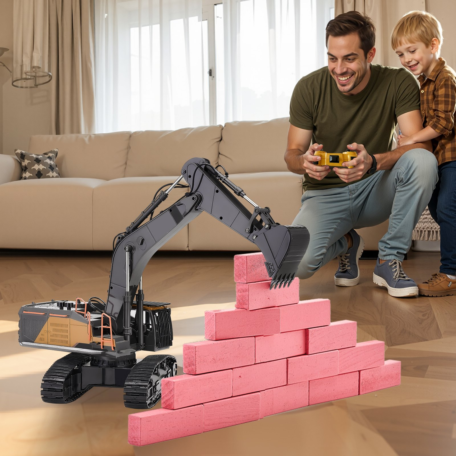 VEVOR Remote Control Excavator Toy, 15 Channel, 3 in 1 Remote Control Digger with Metal Shovel, 1:14 Scale RC Excavator with Light & Sound, Full Functional Construction Vehicles for Kids, 2 Batteries
