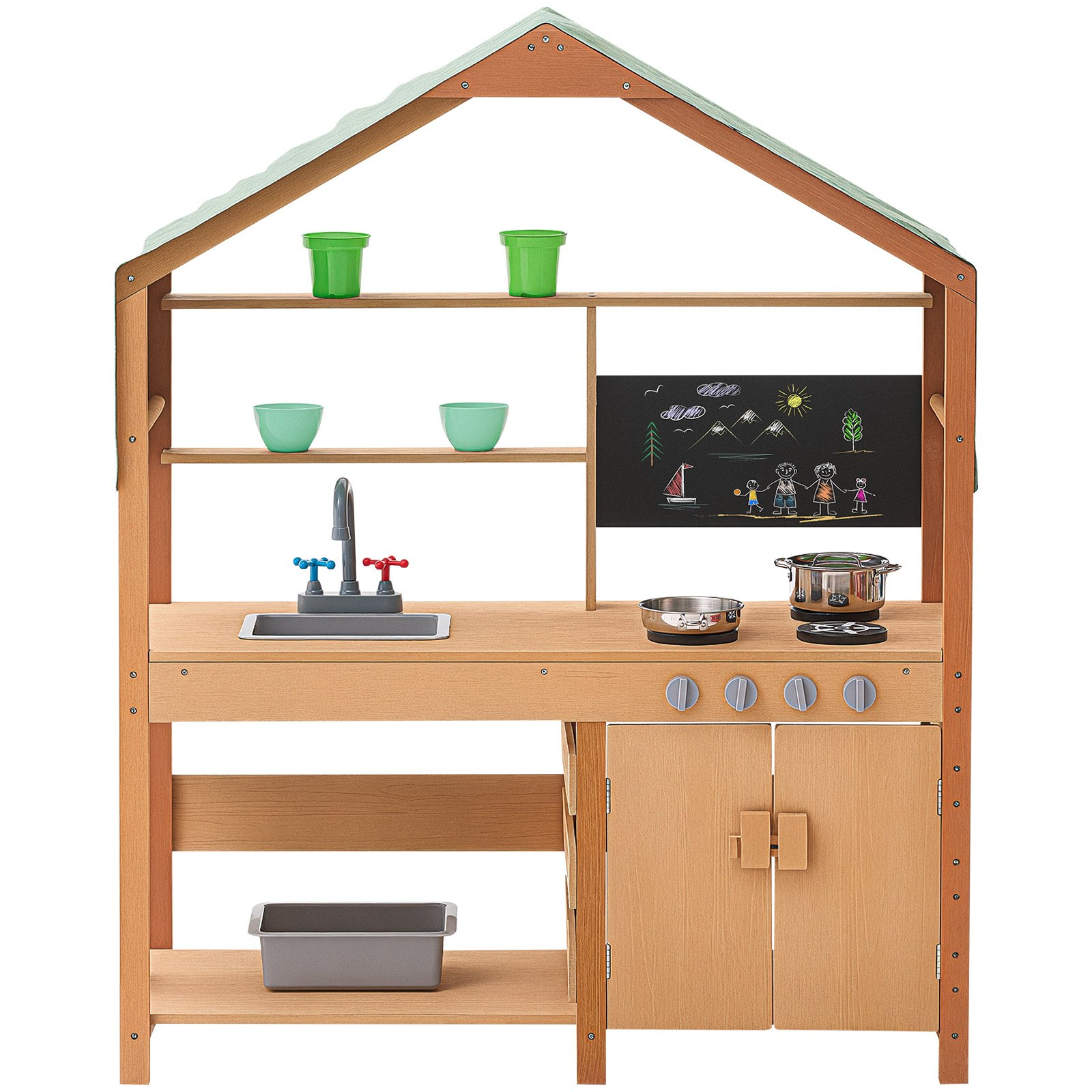 VEVOR Mud Kitchen for Kids, Wooden Toy Play Kitchen Set with Accessories, Outdoor Toddler Grocery Store Playset, Pretend Play Kitchen with Stoves, Planter Boxes, Sink, Faucet, Blackboard, Cookware Pot
