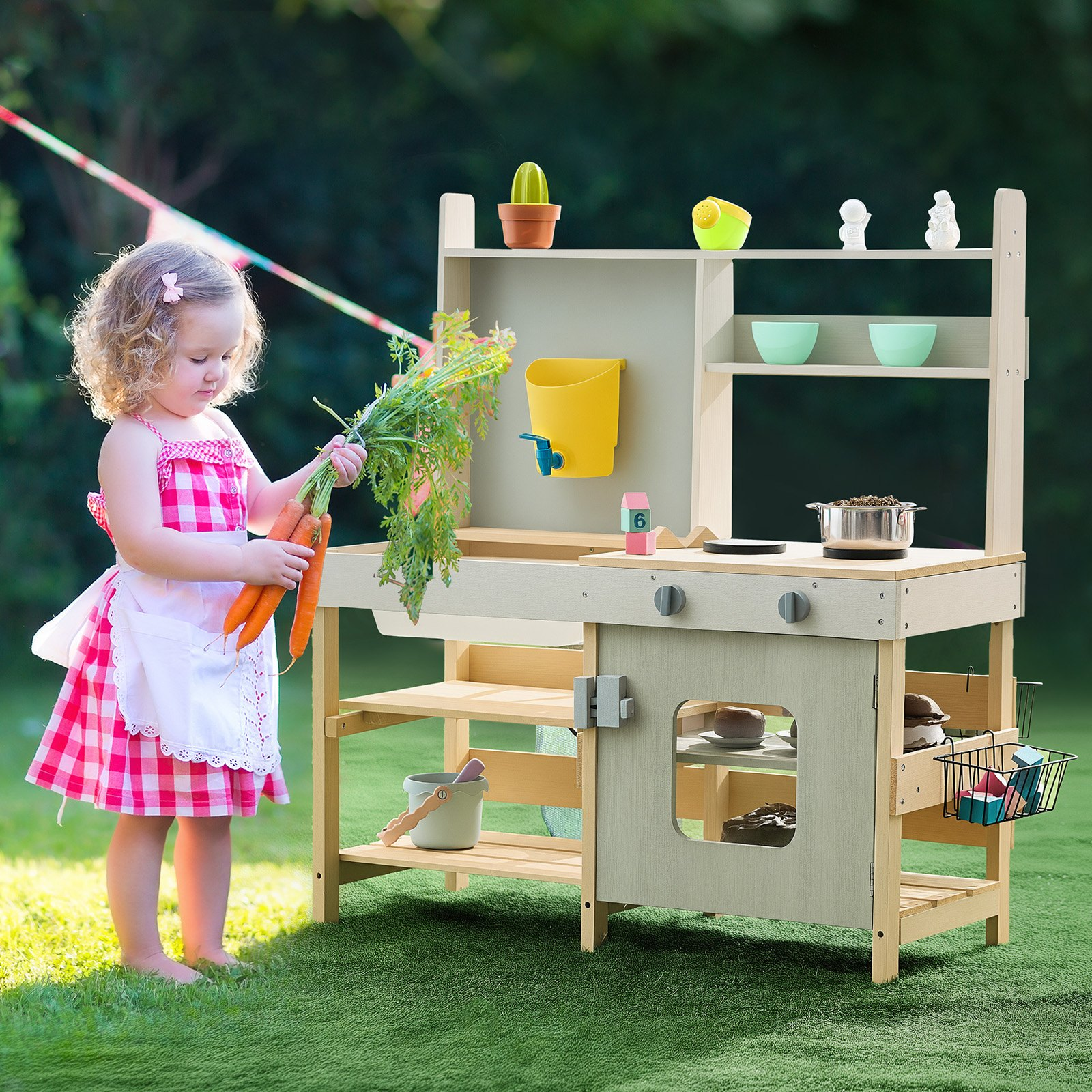 VEVOR Mud Kitchen for Kids, Wooden Toy Play Kitchen Set, Outdoor Toddler Grocery Store Playset, Pretend Play Kitchen with Stoves, Tank, Faucet, Storage Bag, Metal Baskets, and Cookware Pots