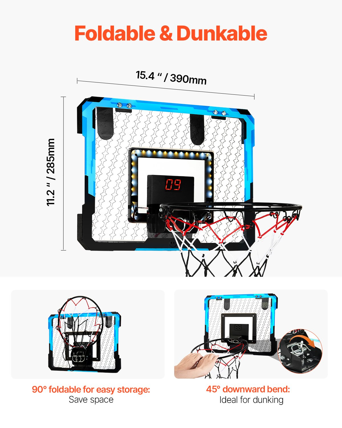 VEVOR Kids Basketball Hoop, Mini Basketball Goal with Electronic Scoreboard, Over The Door Basketball Hoop with Scoring & Music Accompaniment Functions, LED Light, Indoor Basketball Hoop for Kids 3+