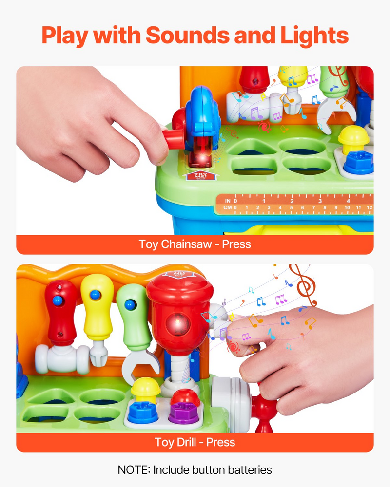 VEVOR Musical Workbench Toy, Sounds & Lights, Musical Learning Workbench for Toddler Age 2 Years and Up, Baby Pretend Play Tool Set, Infant Shape Sorter Activities, Kids Pounding Game, Boys & Girls