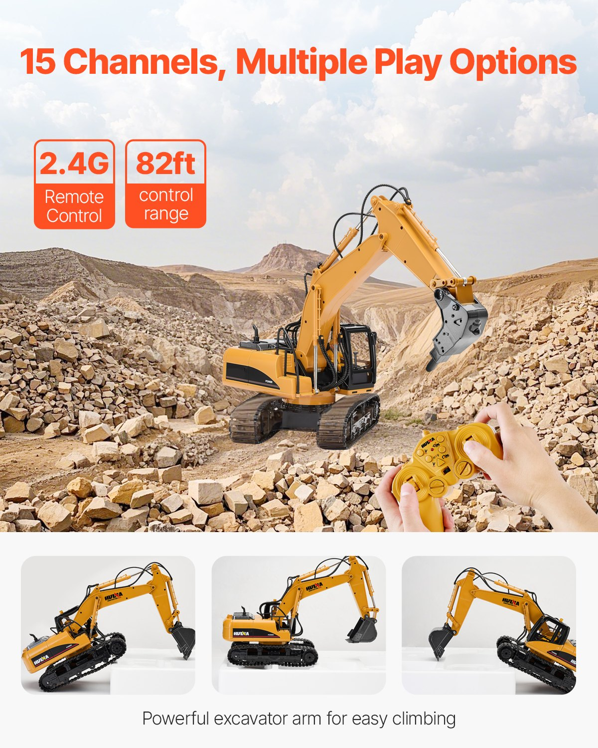 VEVOR Remote Control Excavator Toy, 15 Channel, 3 in 1 Remote Control Digger with Metal Shovel, 1:14 Scale RC Excavator with Light & Sound, Full Functional Construction Vehicles for Kids, 2 Batteries