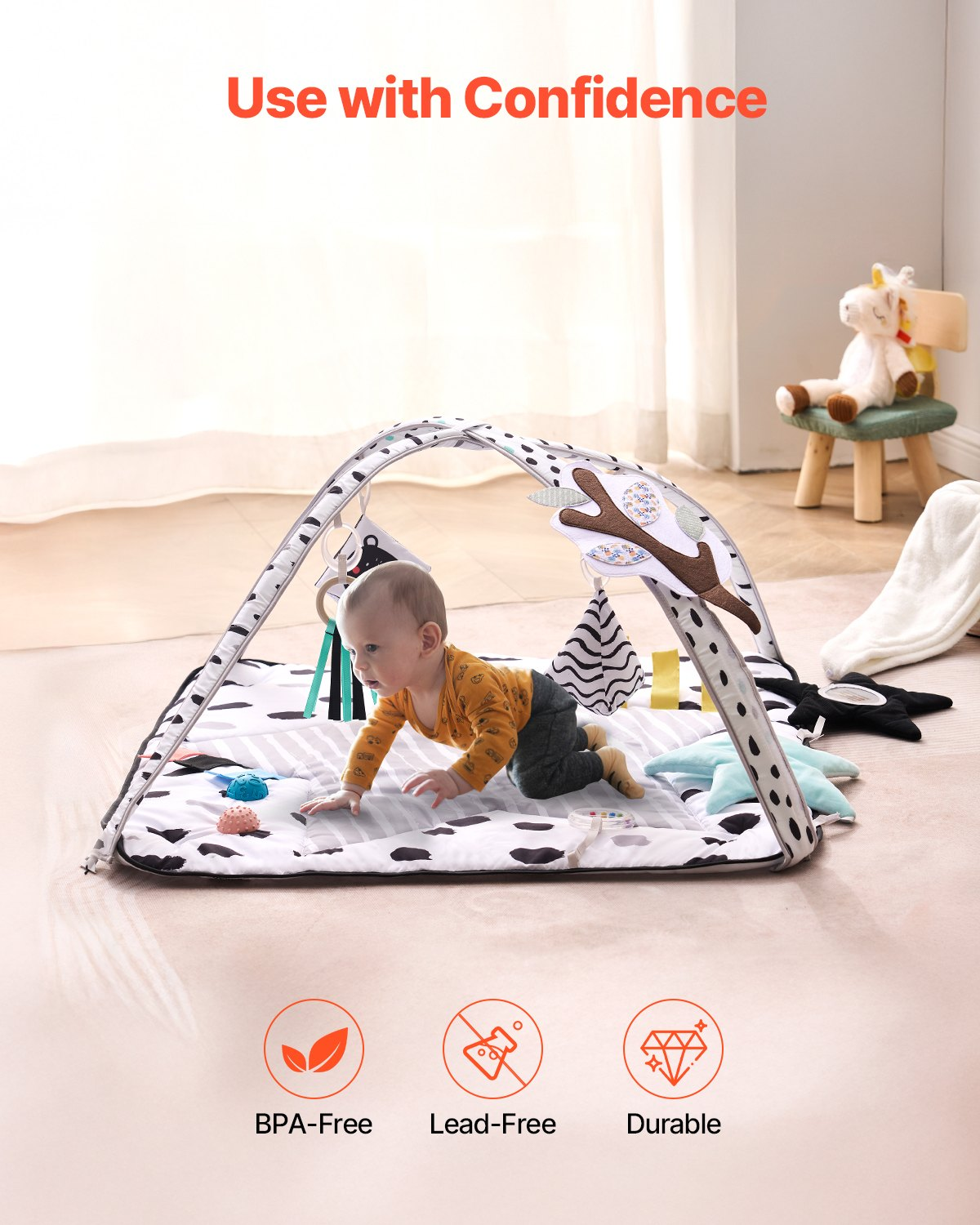 Baby Play Gym Mat Tummy Time Activity Mat with 6 Sensory Toys 34.4" x 34.4"