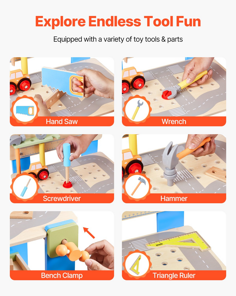 VEVOR Kids Workbench, 62 pcs, Wooden Tool Bench for Kids 3 Years and Up, Toddler Toy Workbench with Realistic Tools, Building Toy Set Creative & Educational Construction Toy for Boys & Girls