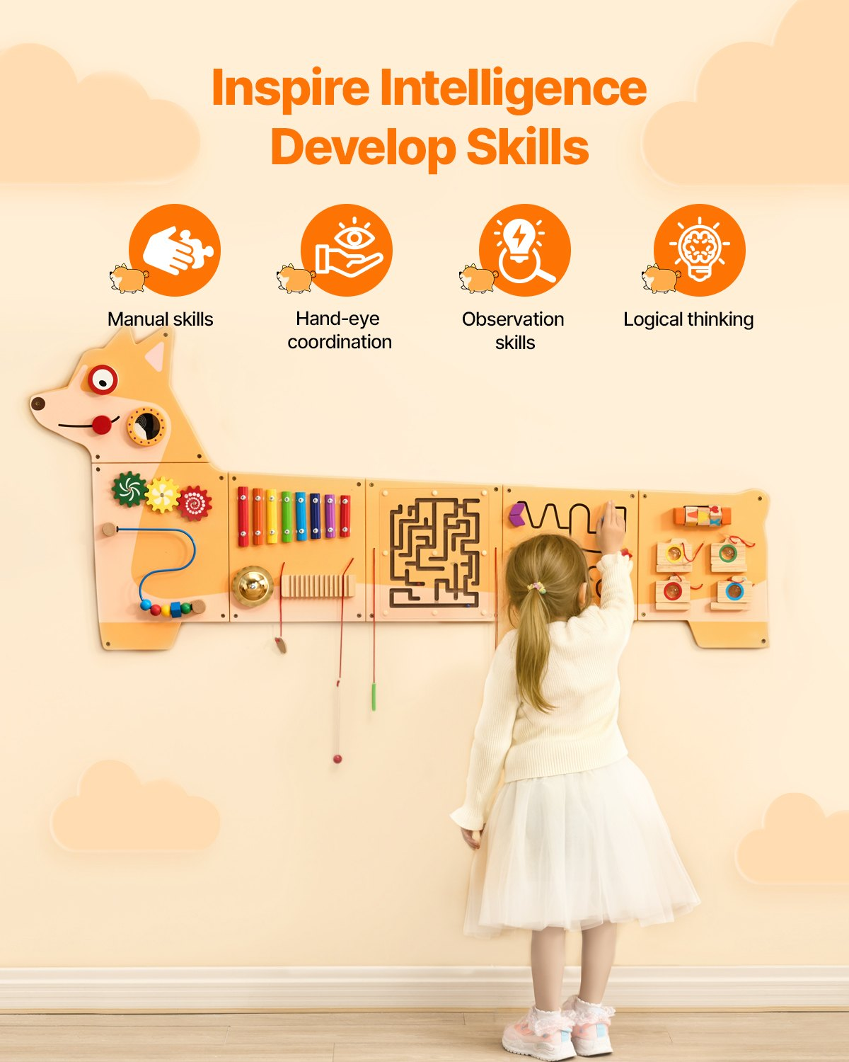 VEVOR Puppy Activity Wall Busy Board Panels, 12 Activities, Montessori Sensory Wall Toy for Kids 3-12 Years, Montessori Learning Activity Center, Ideal for Toddler Playroom Nursery Classroom