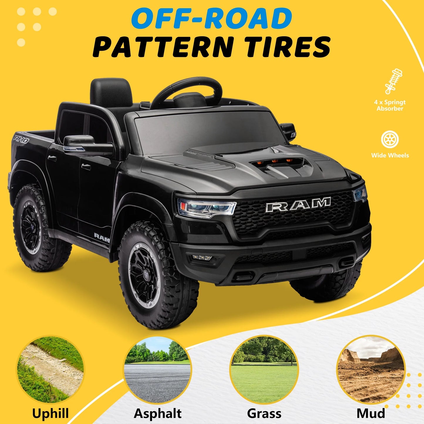 RAM 1500 Ride on Car Toy for Kids, 12V Powered Ride on Truck Toy with Remote Control, 4 Wheel Suspension, Safety Belt, Music, Bluetooth, LED Lights, Electric Cars for 3-5 Yrs Boy Girl, Black